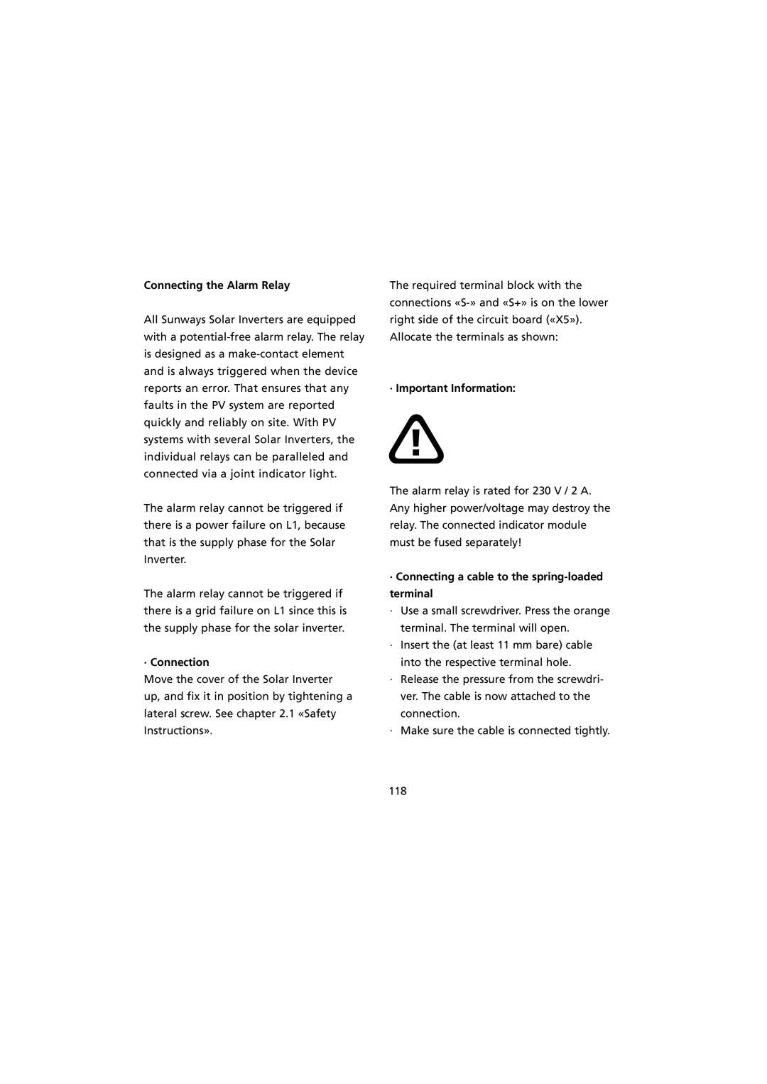 Sunway NT 10000 user manual Connecting the Alarm Relay, · Important Information 