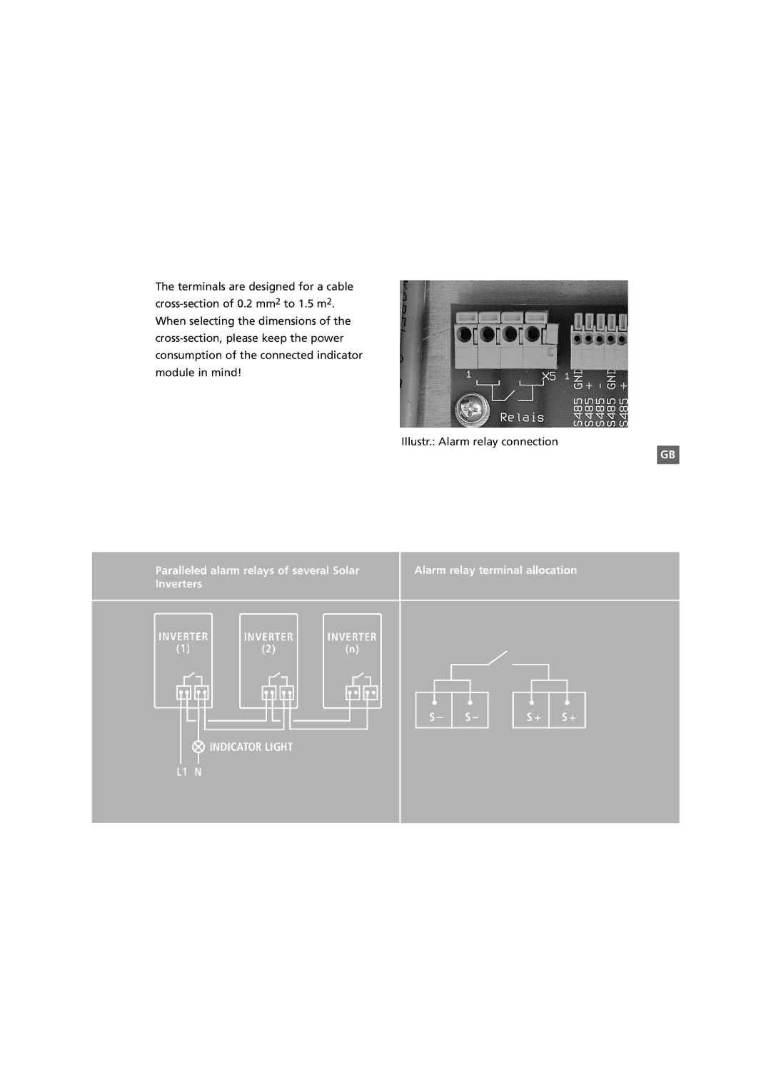 Sunway NT 10000 user manual Paralleled alarm relays of several Solar Inverters, Alarm relay terminal allocation 