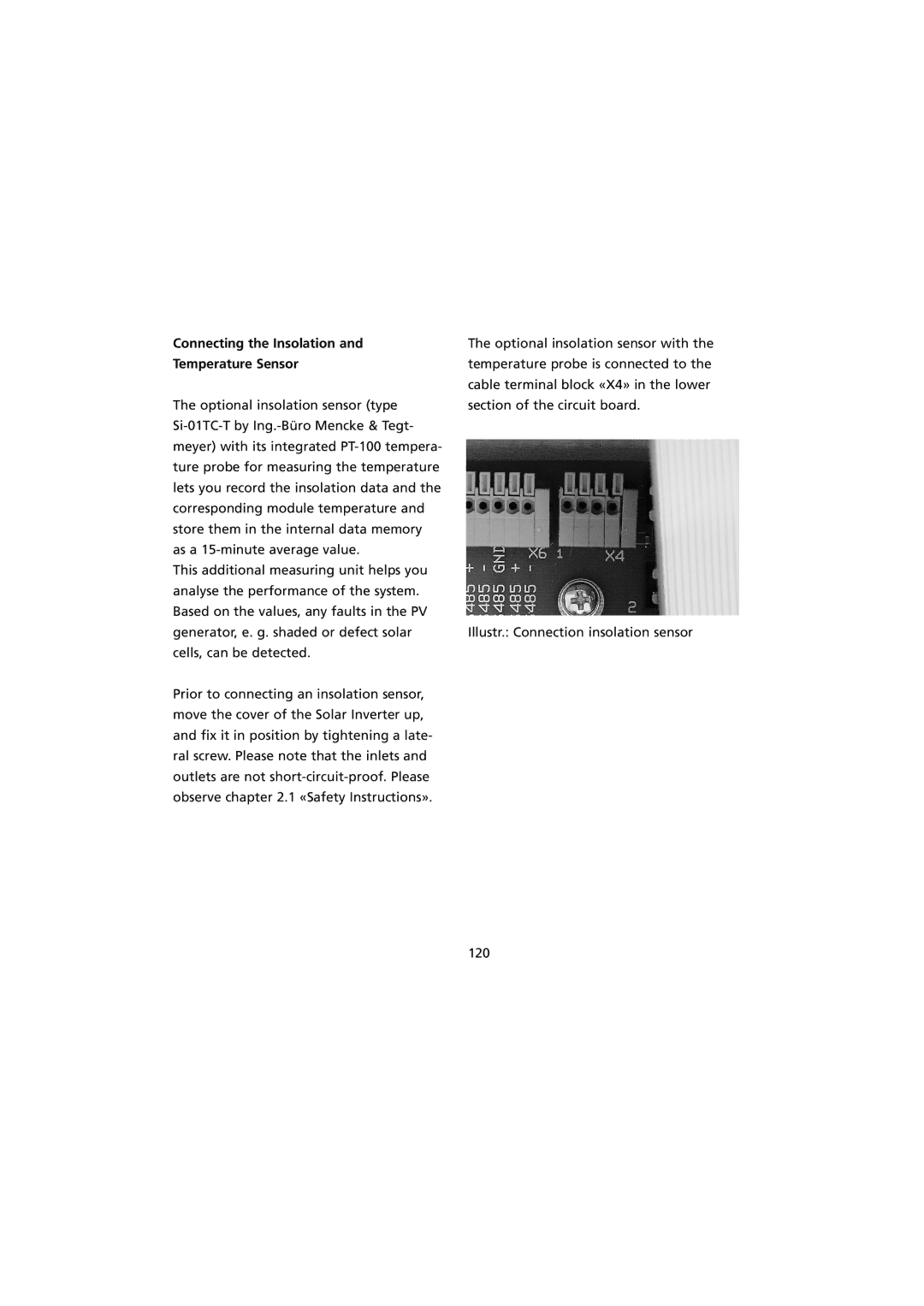 Sunway NT 10000 user manual Connecting the Insolation Temperature Sensor 