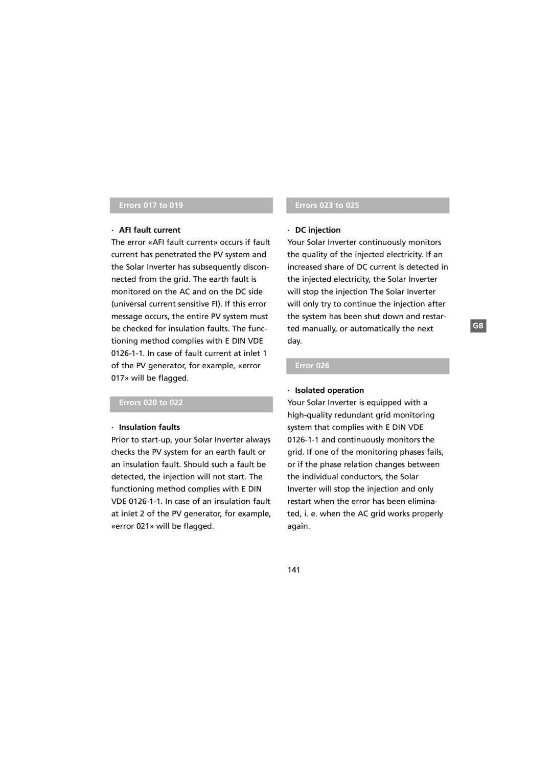 Sunway NT 10000 user manual Errors 017 to, Errors 020 to, Errors 023 to 