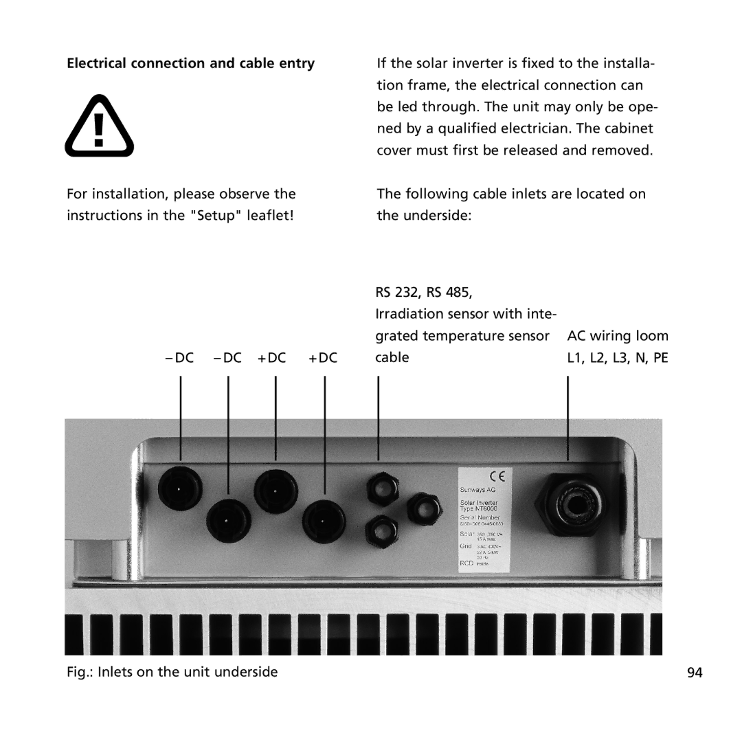 Sunway NT 6000, NT 2600, NT 4000 user manual Electrical connection and cable entry, Fig. Inlets on the unit underside 