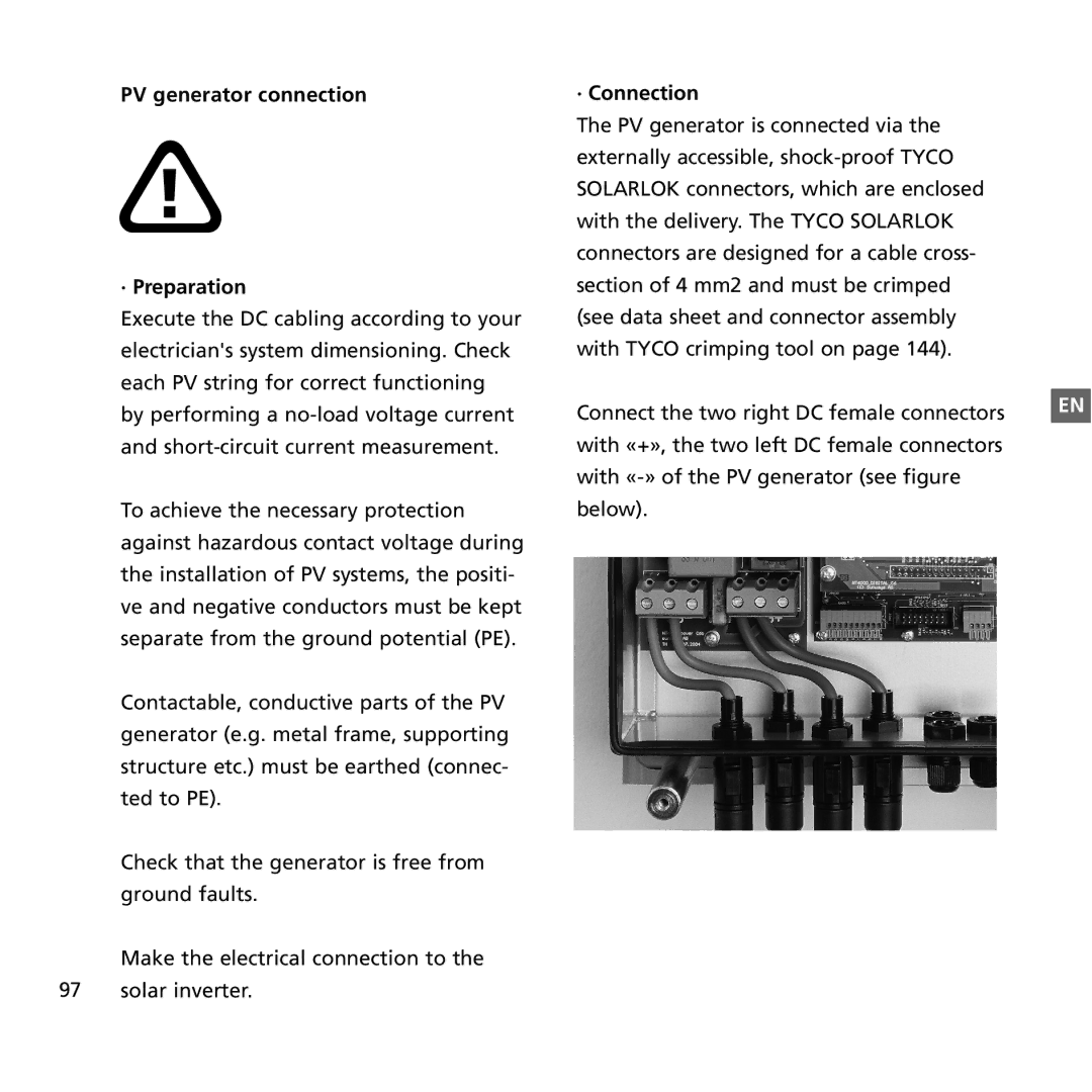 Sunway NT 6000, NT 2600, NT 4000 user manual PV generator connection · Preparation, · Connection 