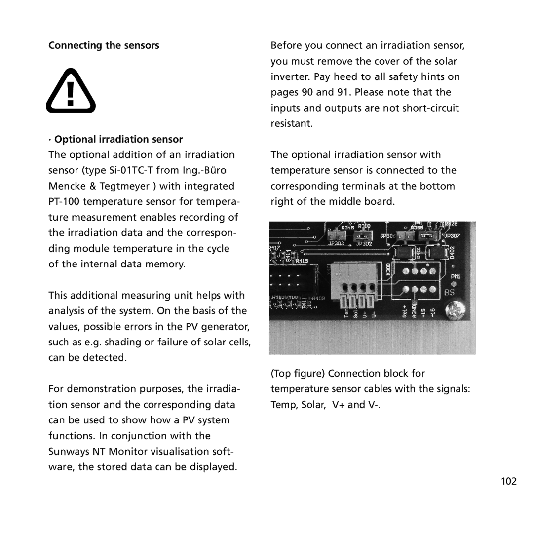 Sunway NT 4000, NT 6000, NT 2600 user manual Connecting the sensors · Optional irradiation sensor 