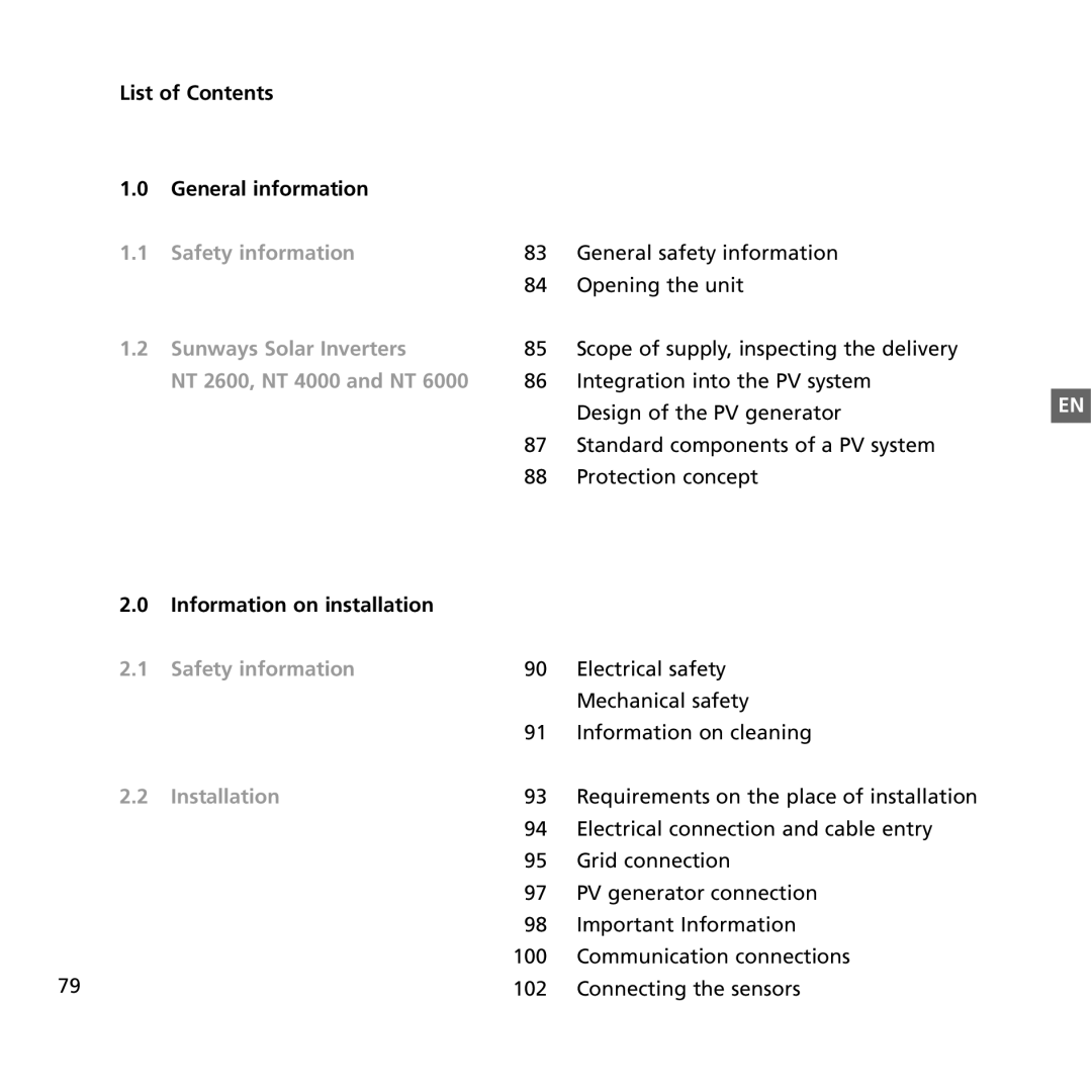 Sunway NT 6000, NT 2600, NT 4000 user manual List of Contents General information, Information on installation 