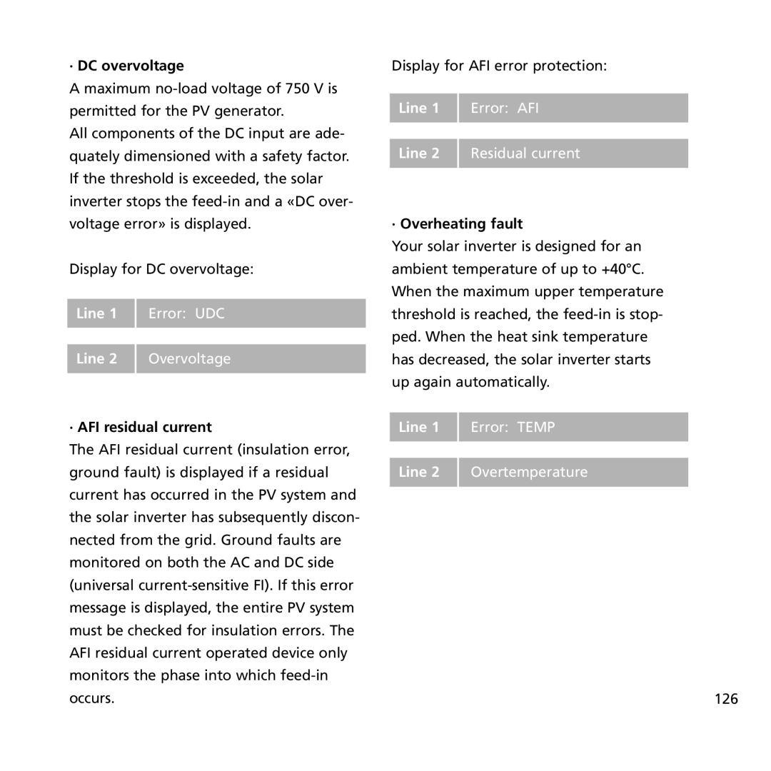 Sunway NT 4000, NT 6000 Line Error UDC Overvoltage, Line Error AFI Residual current, Line Error Temp Overtemperature 