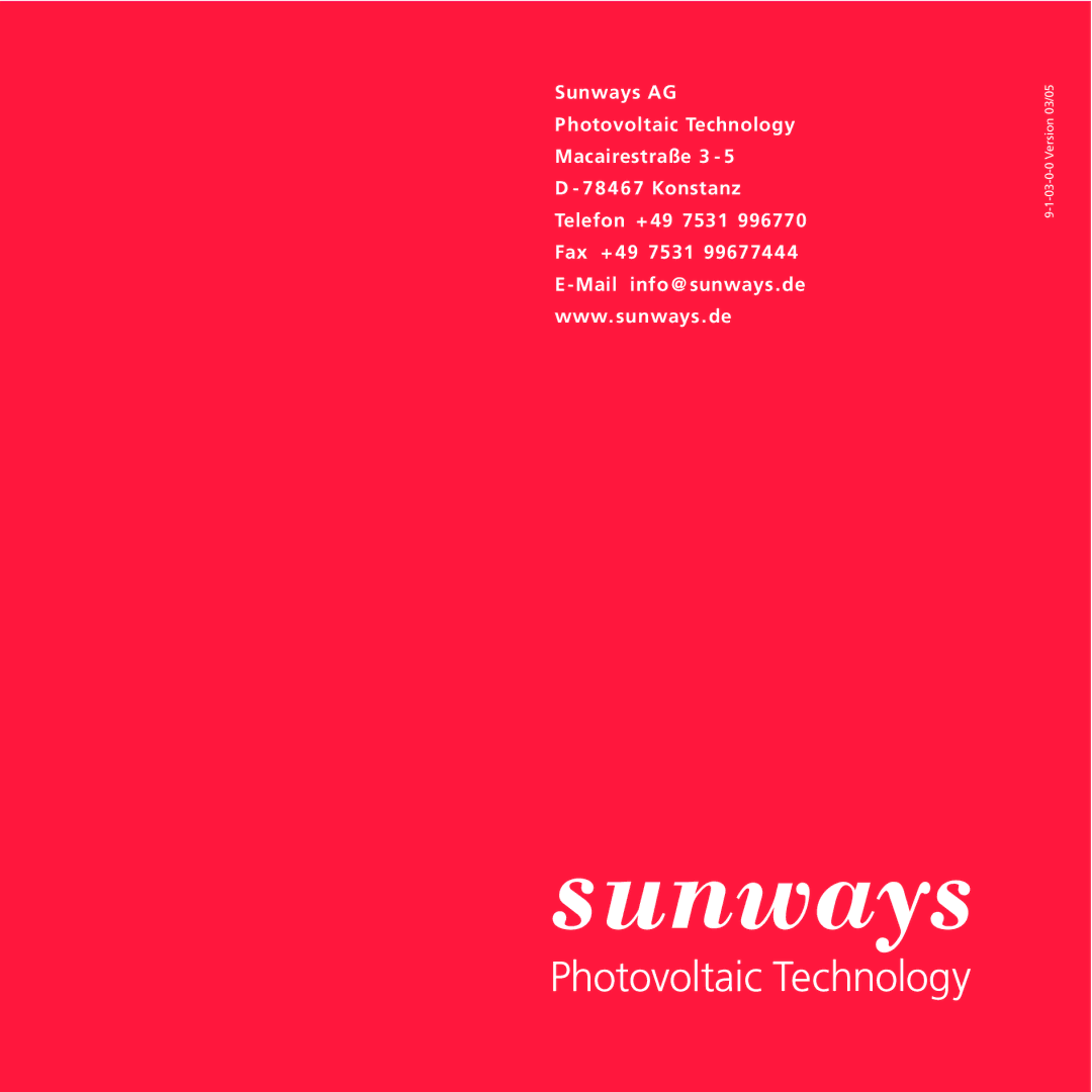 Sunway NT 2600, NT 6000, NT 4000 user manual Sunways AG Photovoltaic Technology Macairestraße 3 