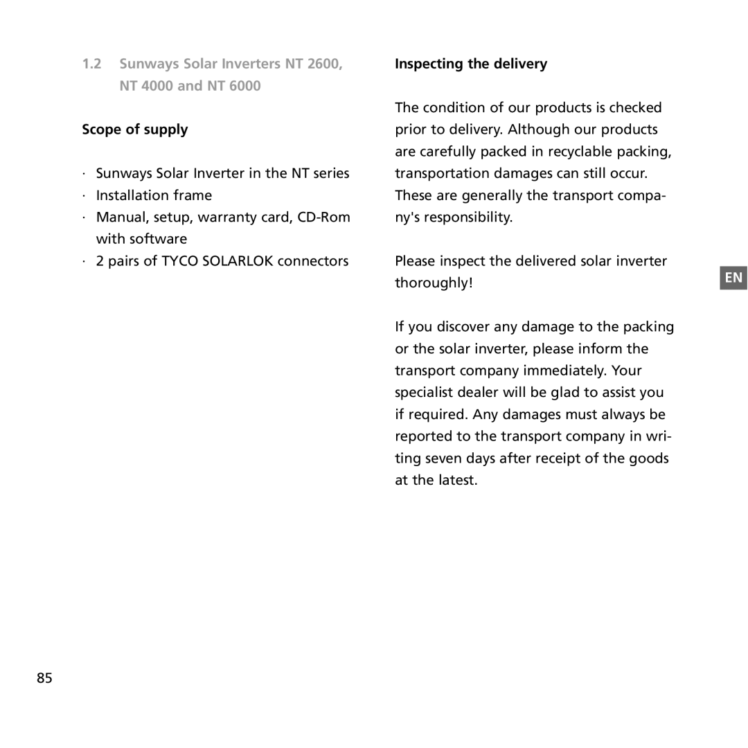 Sunway NT 6000, NT 2600, NT 4000 user manual Inspecting the delivery, Scope of supply 