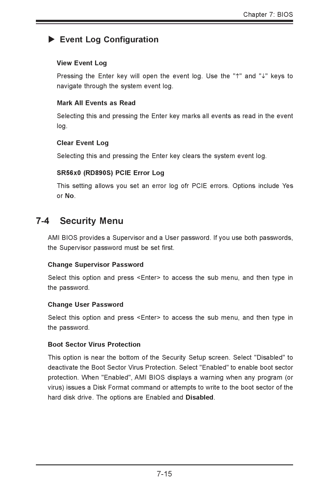 SUPER MICRO Computer 1012G-MTF user manual Security Menu,  Event Log Configuration 