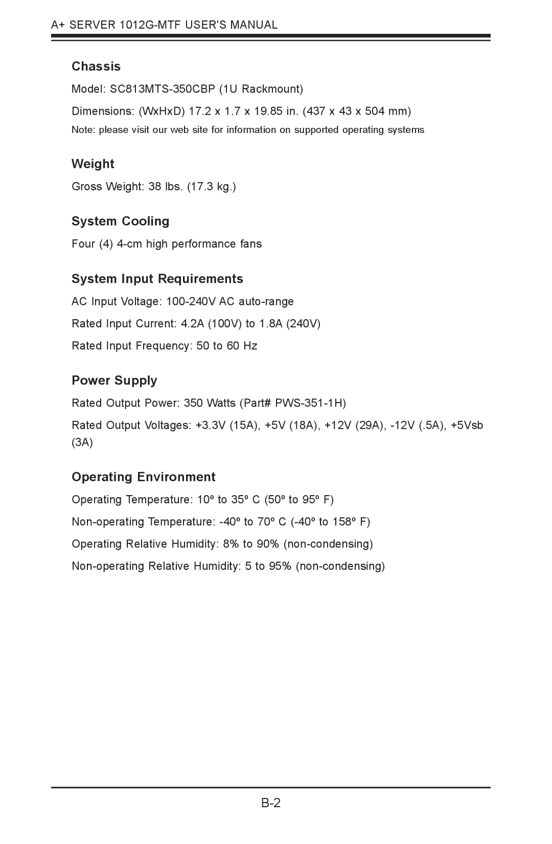 SUPER MICRO Computer 1012G-MTF user manual Chassis, Weight, System Cooling, System Input Requirements, Power Supply 