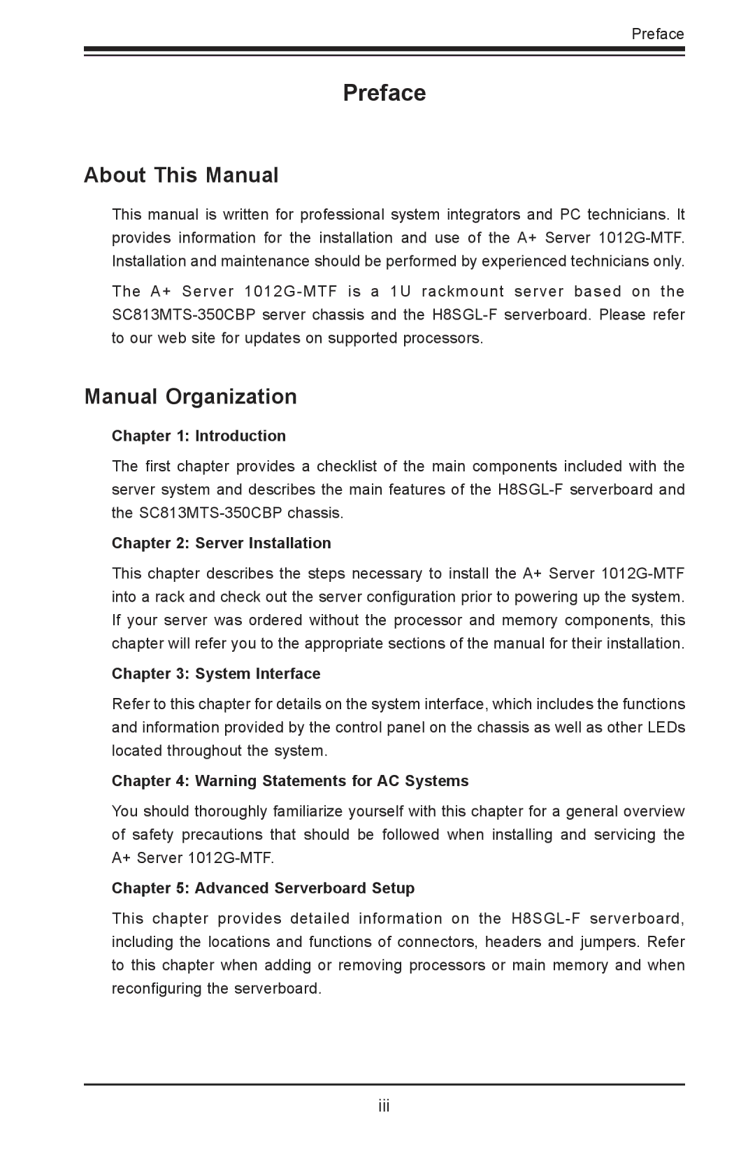 SUPER MICRO Computer 1012G-MTF user manual Preface, About This Manual, Manual Organization 