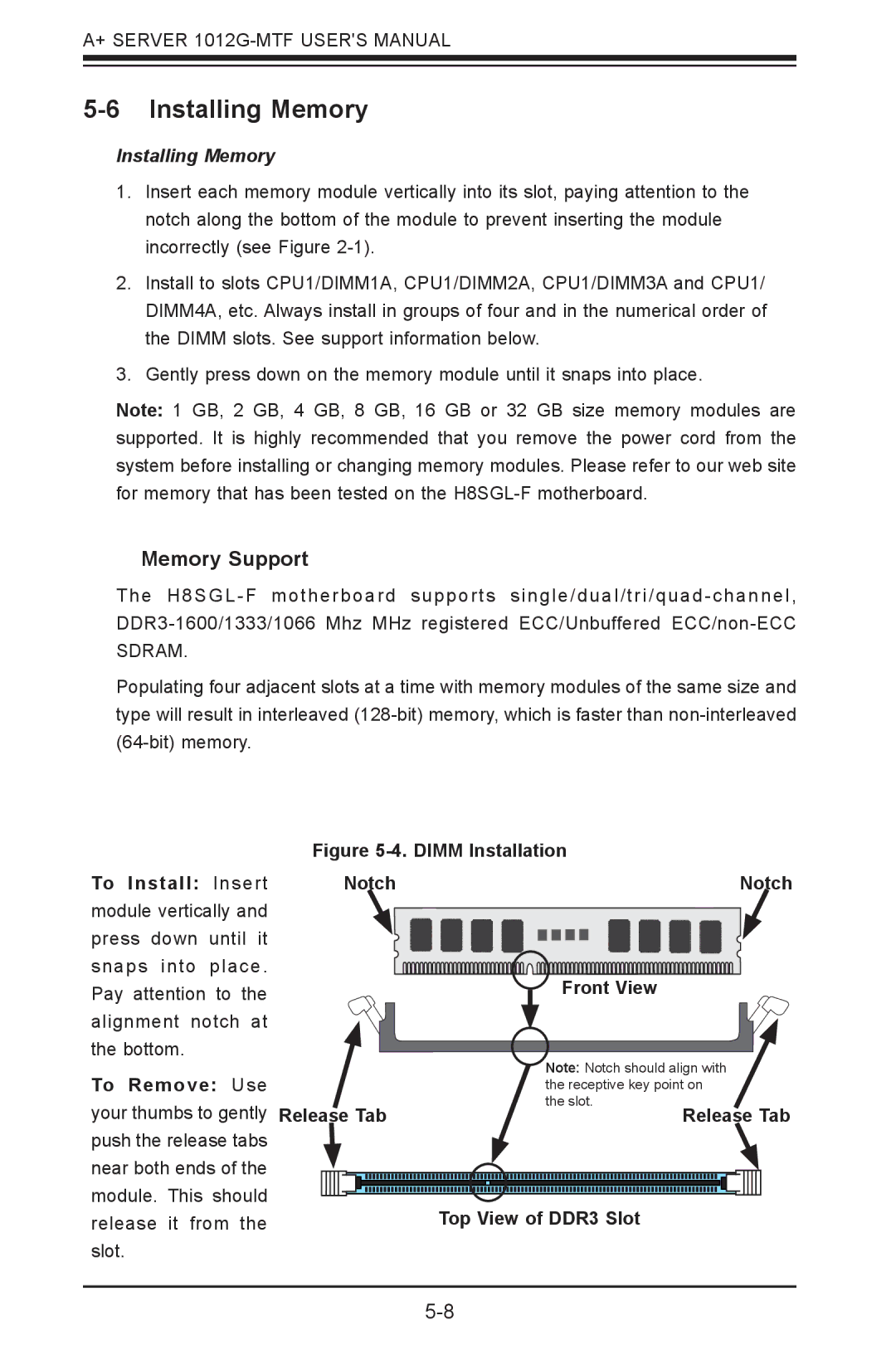 SUPER MICRO Computer 1012G-MTF user manual Installing Memory, Memory Support, Release Tab Front View, Top View of DDR3 Slot 