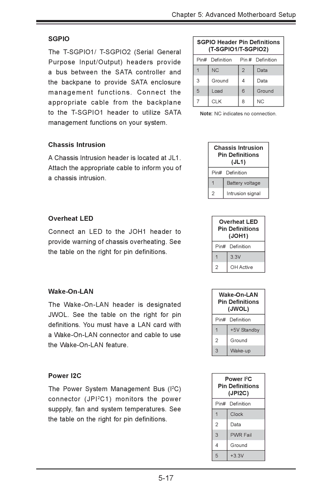 SUPER MICRO Computer 1012G-MTF user manual Chassis Intrusion, Overheat LED, Wake-On-LAN, Power I2C 