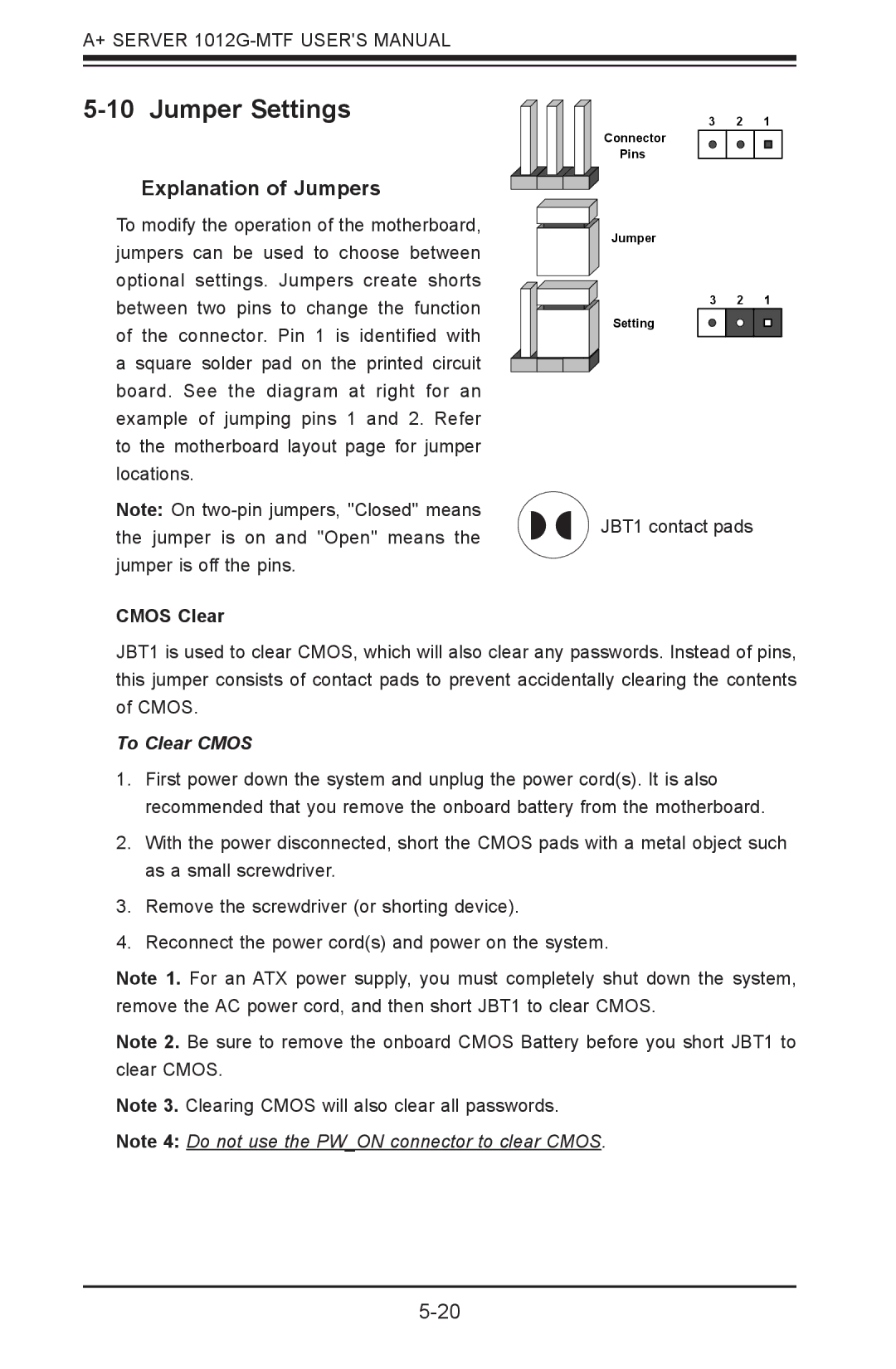 SUPER MICRO Computer 1012G-MTF user manual Jumper Settings, Explanation of Jumpers, Cmos Clear, To Clear Cmos 