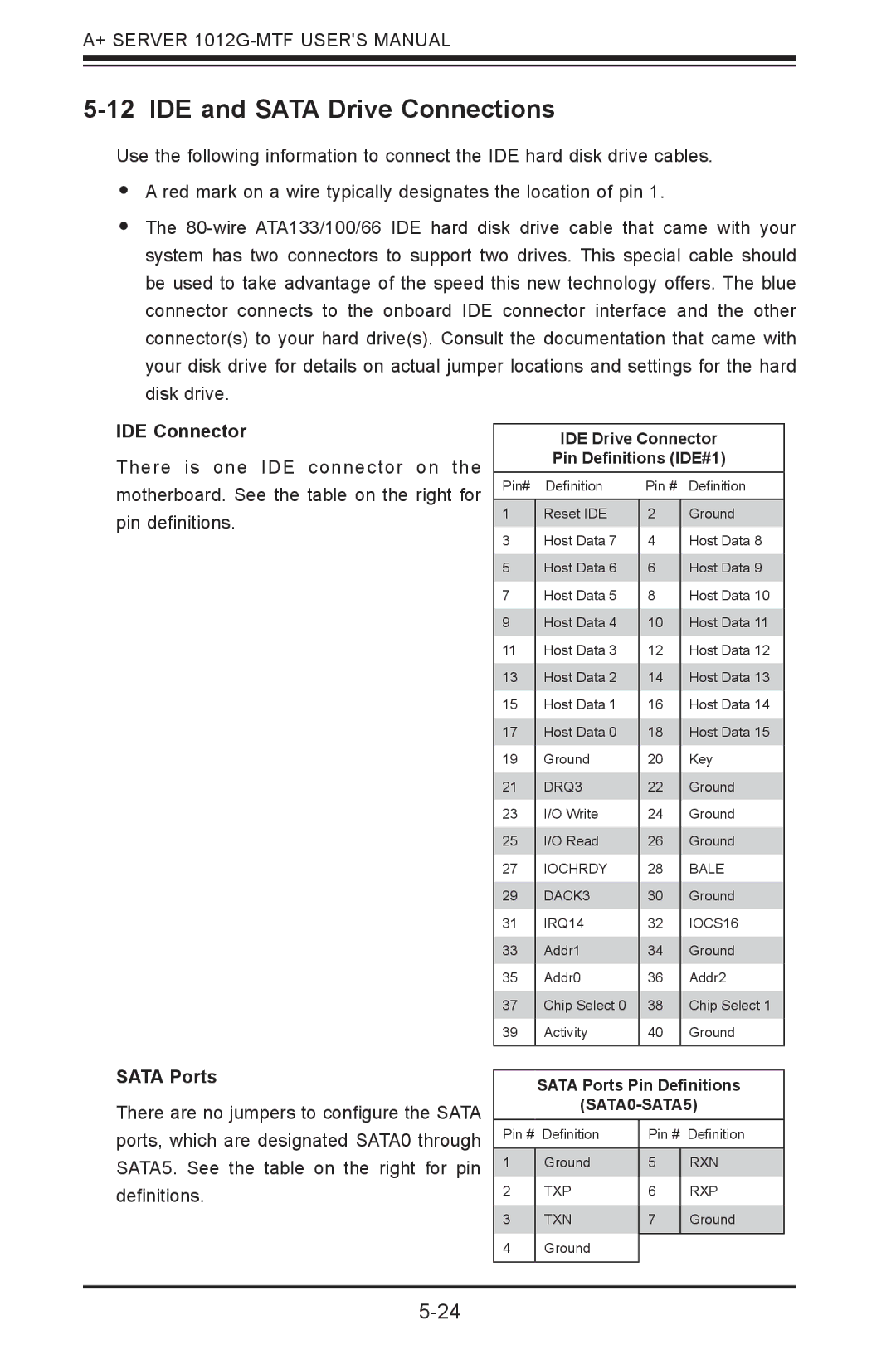 SUPER MICRO Computer 1012G-MTF user manual IDE and Sata Drive Connections, IDE Connector, Sata Ports 