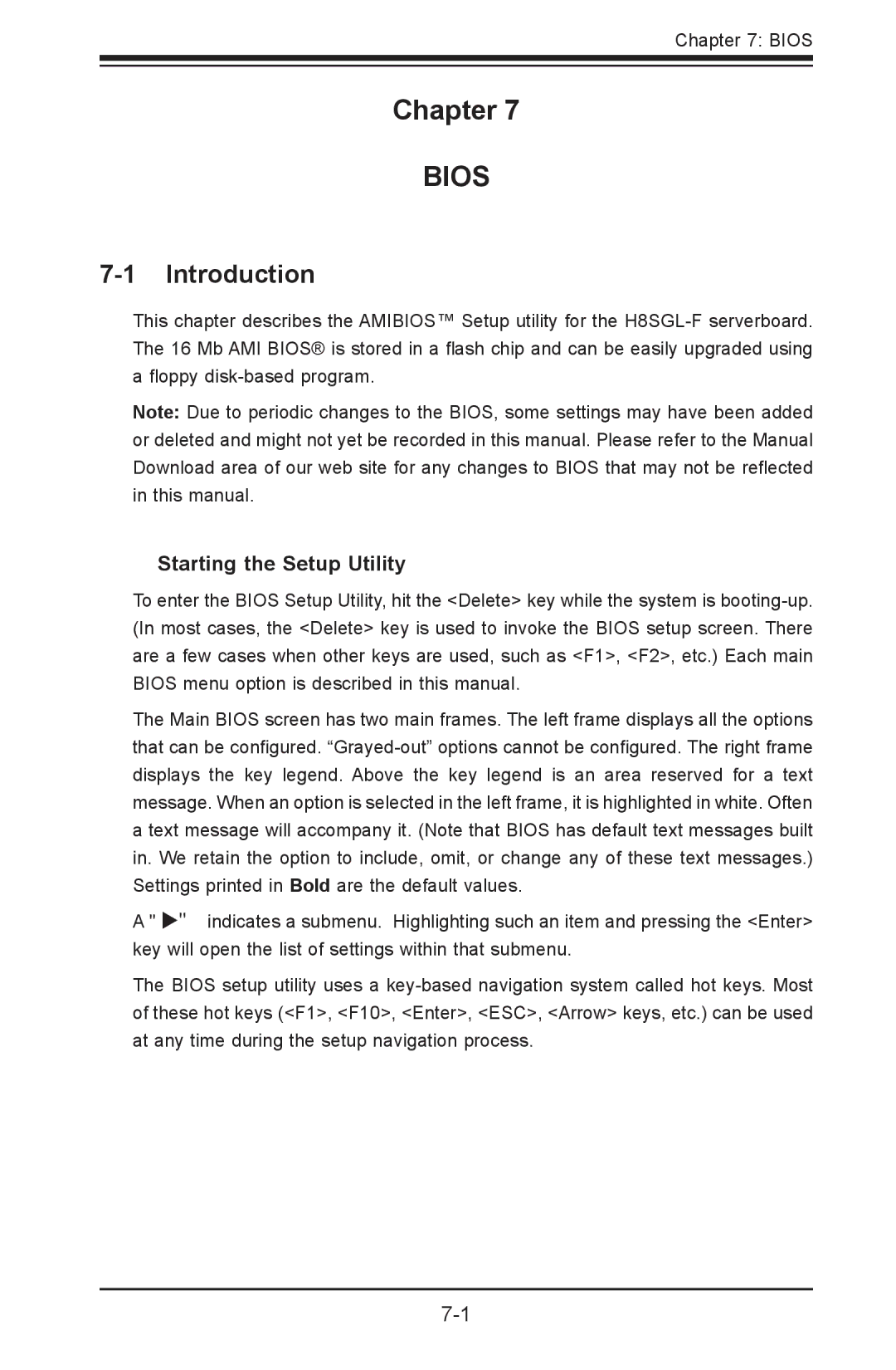 SUPER MICRO Computer 1012G-MTF user manual Chapter, Introduction, Starting the Setup Utility 