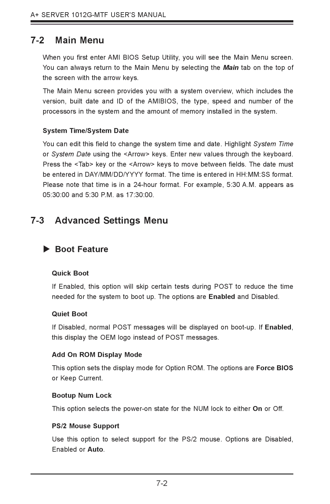 SUPER MICRO Computer 1012G-MTF user manual Main Menu, Advanced Settings Menu,  Boot Feature 