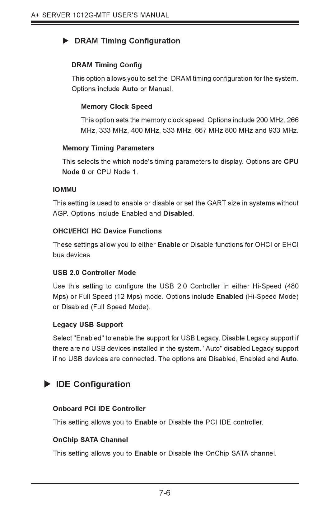 SUPER MICRO Computer 1012G-MTF user manual  IDE Configuration,  Dram Timing Configuration 