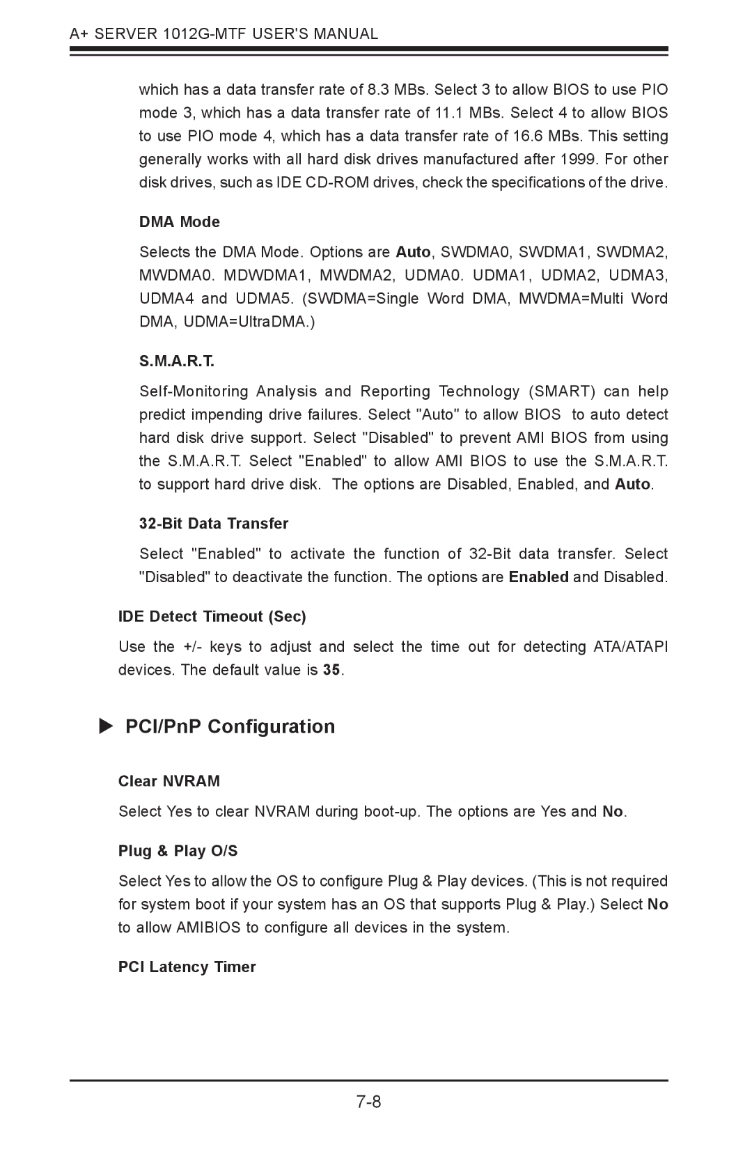 SUPER MICRO Computer 1012G-MTF user manual  PCI/PnP Configuration 