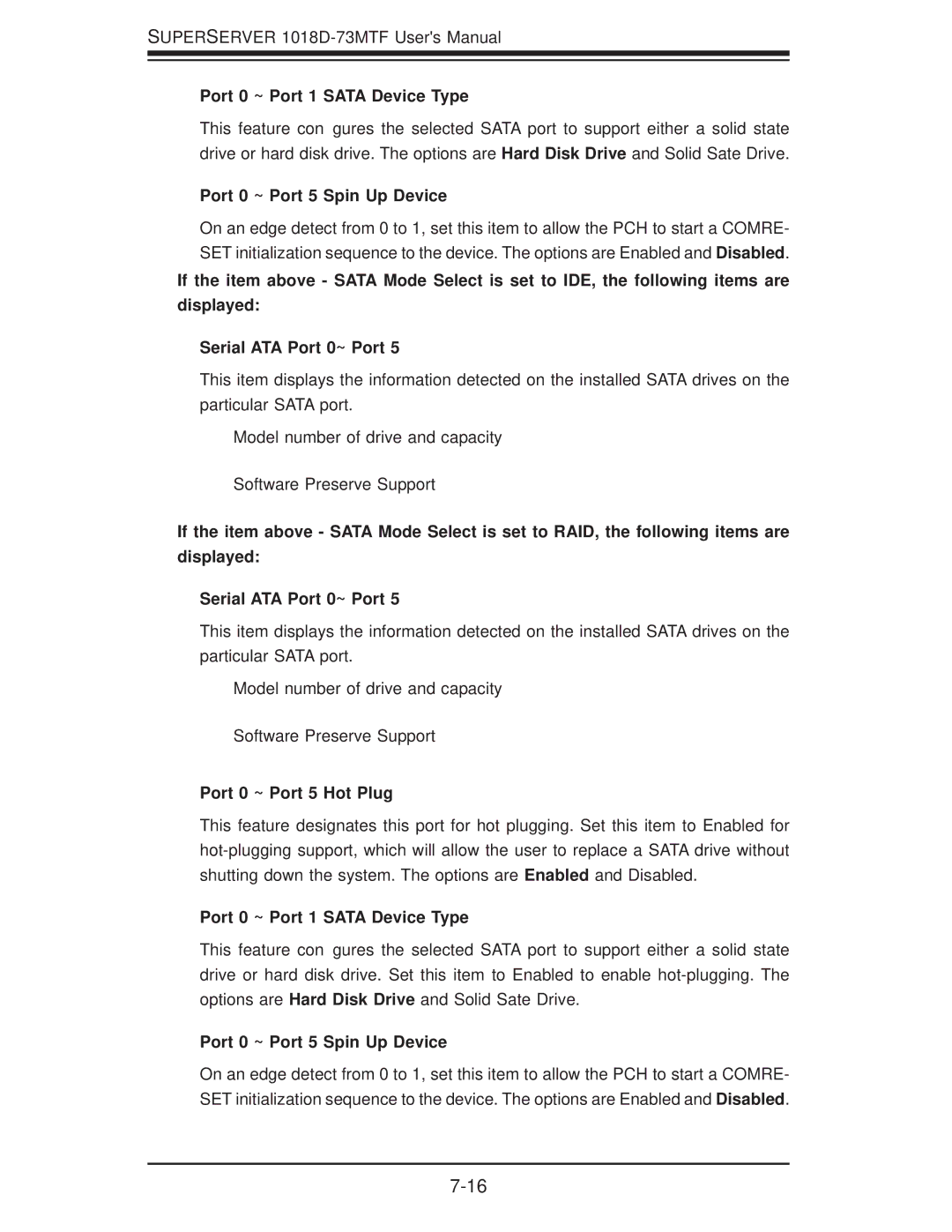 SUPER MICRO Computer 1018D-73MTF user manual Port 0 ~ Port 1 Sata Device Type, Port 0 ~ Port 5 Spin Up Device 