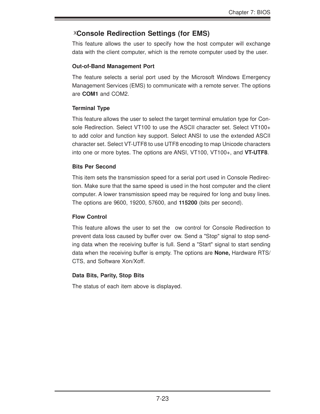 SUPER MICRO Computer 1018D-73MTF user manual Console Redirection Settings for EMS, Out-of-Band Management Port 