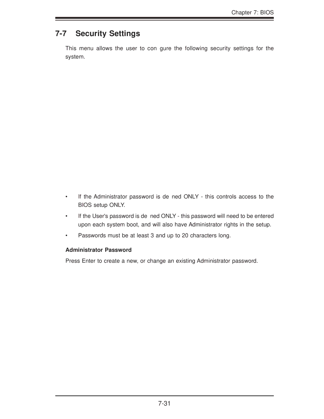 SUPER MICRO Computer 1018D-73MTF user manual Security Settings, Administrator Password 