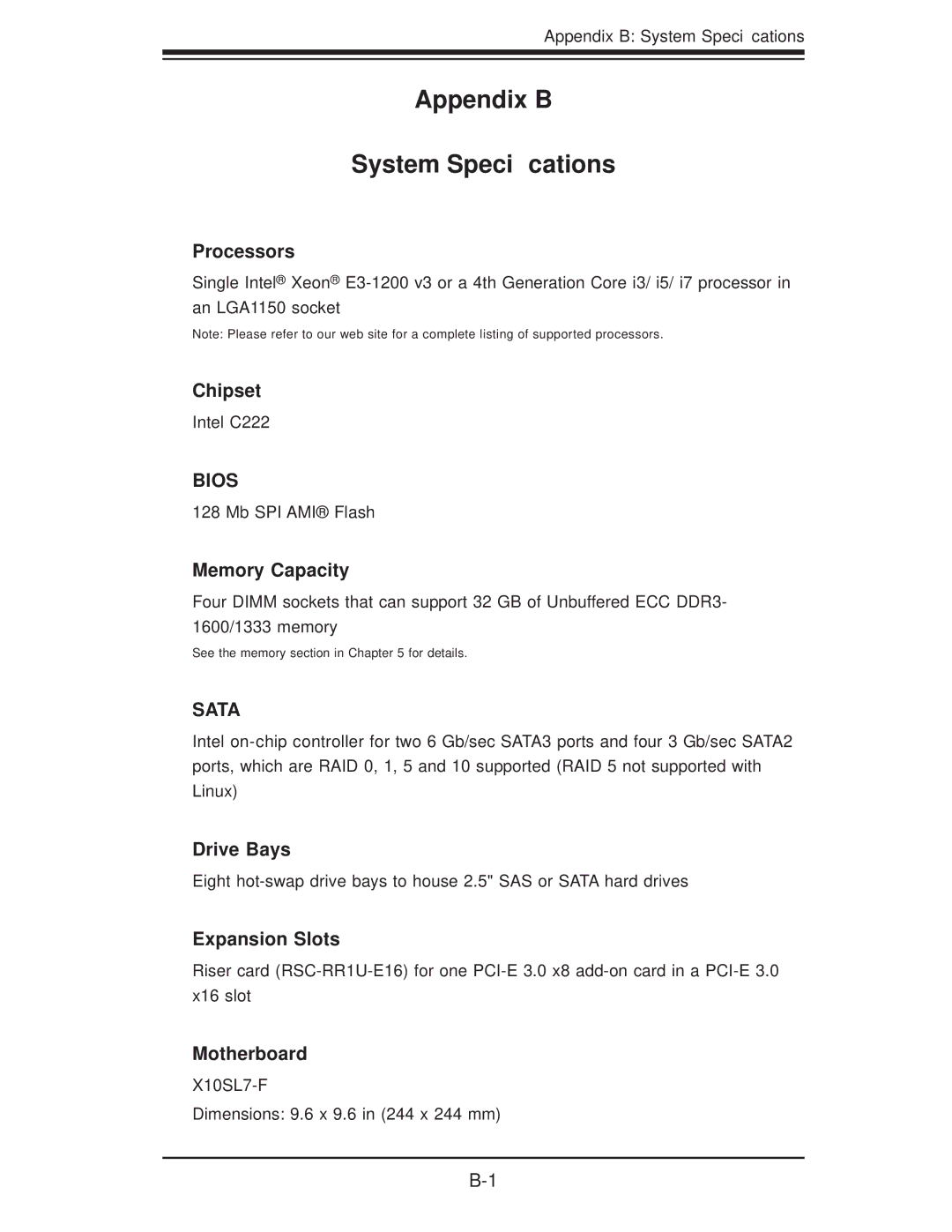 SUPER MICRO Computer 1018D-73MTF user manual Appendix B System Speciﬁcations, Processors 