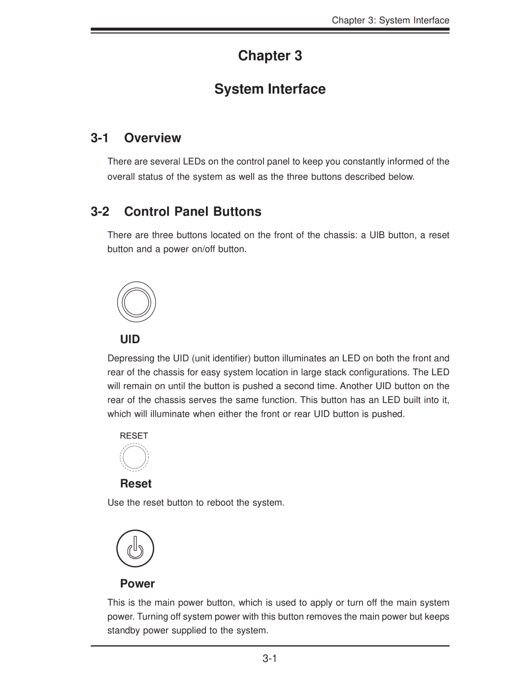 SUPER MICRO Computer 1018D-73MTF user manual Chapter System Interface, Control Panel Buttons, Reset, Power 