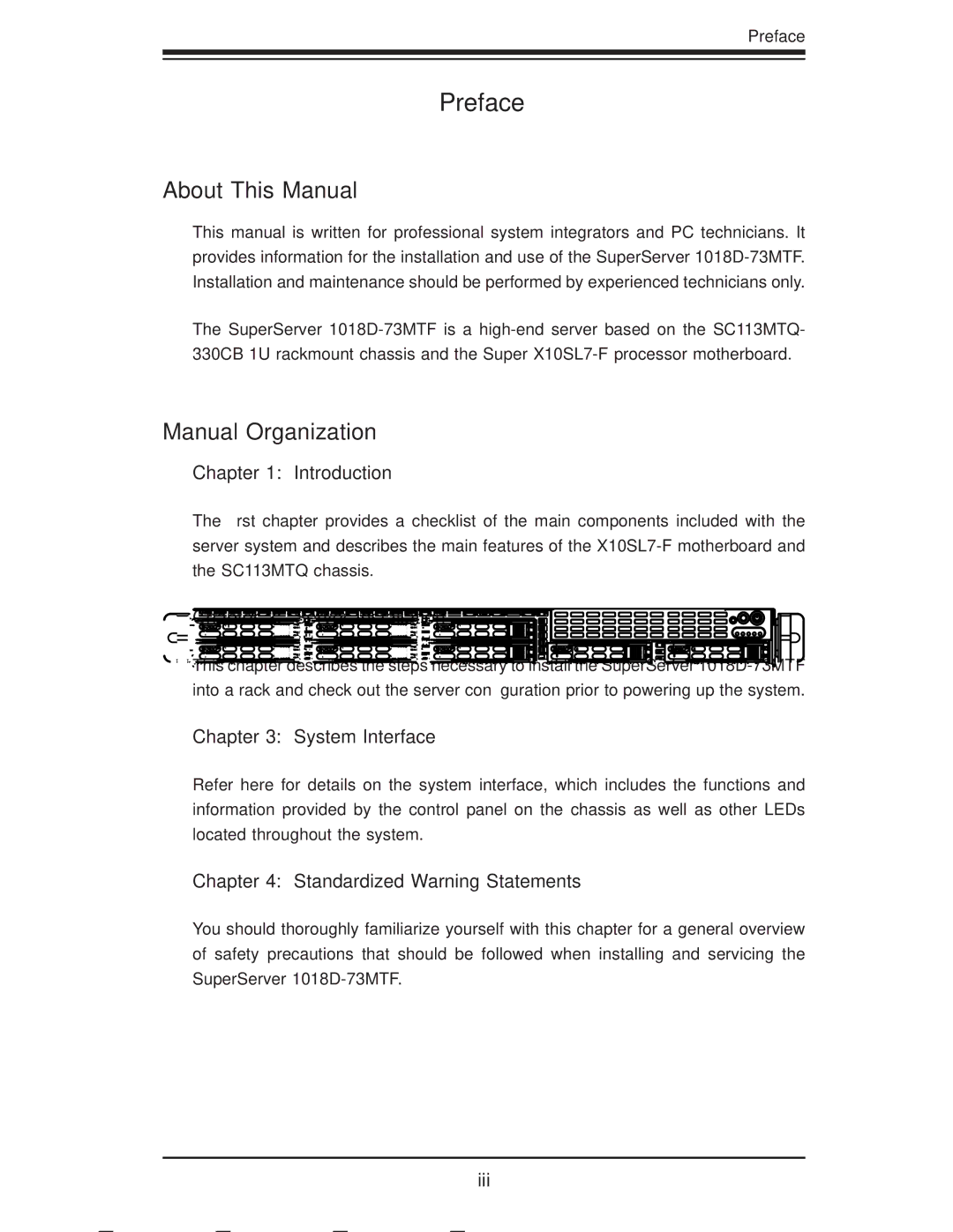 SUPER MICRO Computer 1018D-73MTF user manual Preface, About This Manual, Manual Organization 