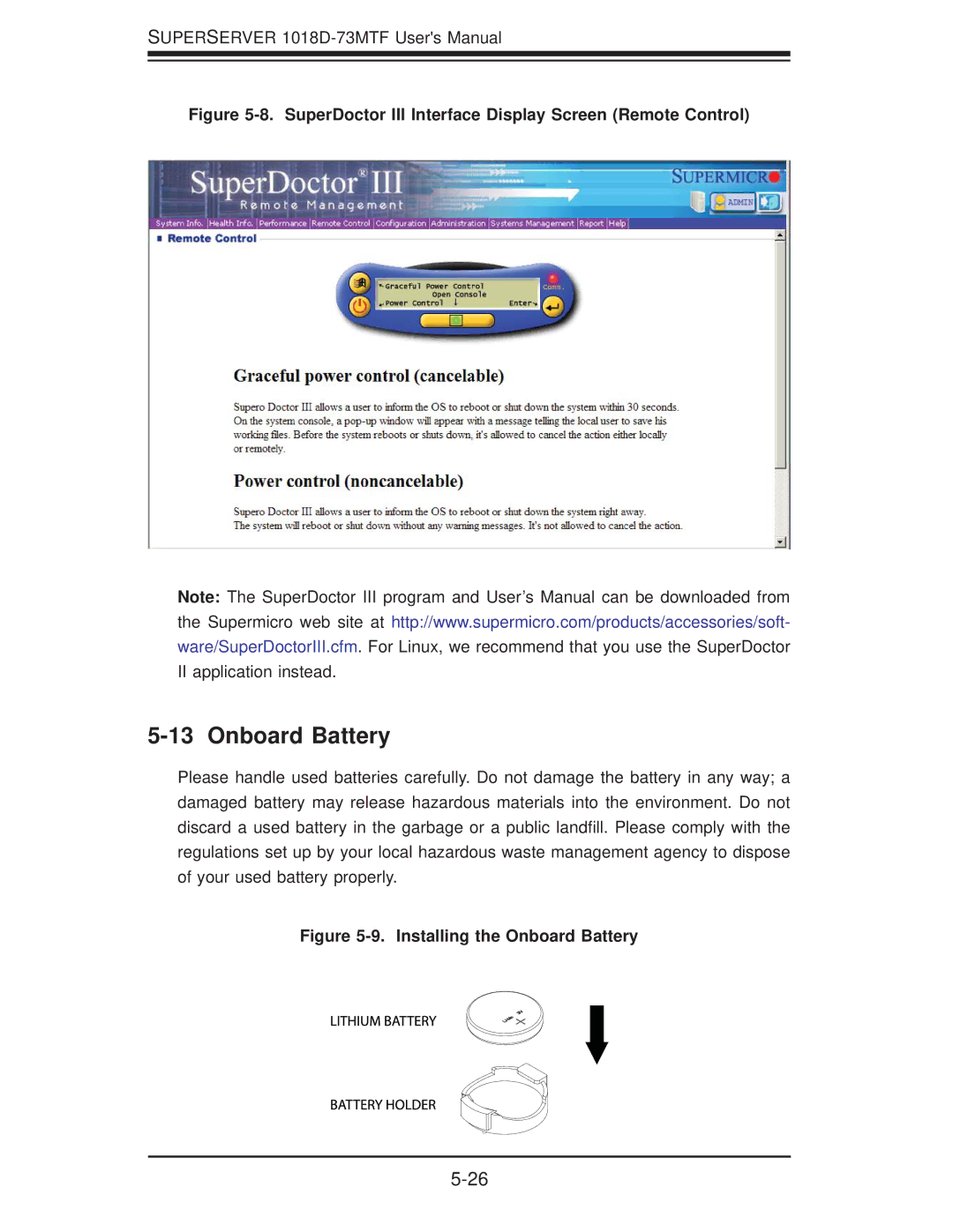 SUPER MICRO Computer 1018D-73MTF user manual Onboard Battery, SuperDoctor III Interface Display Screen Remote Control 