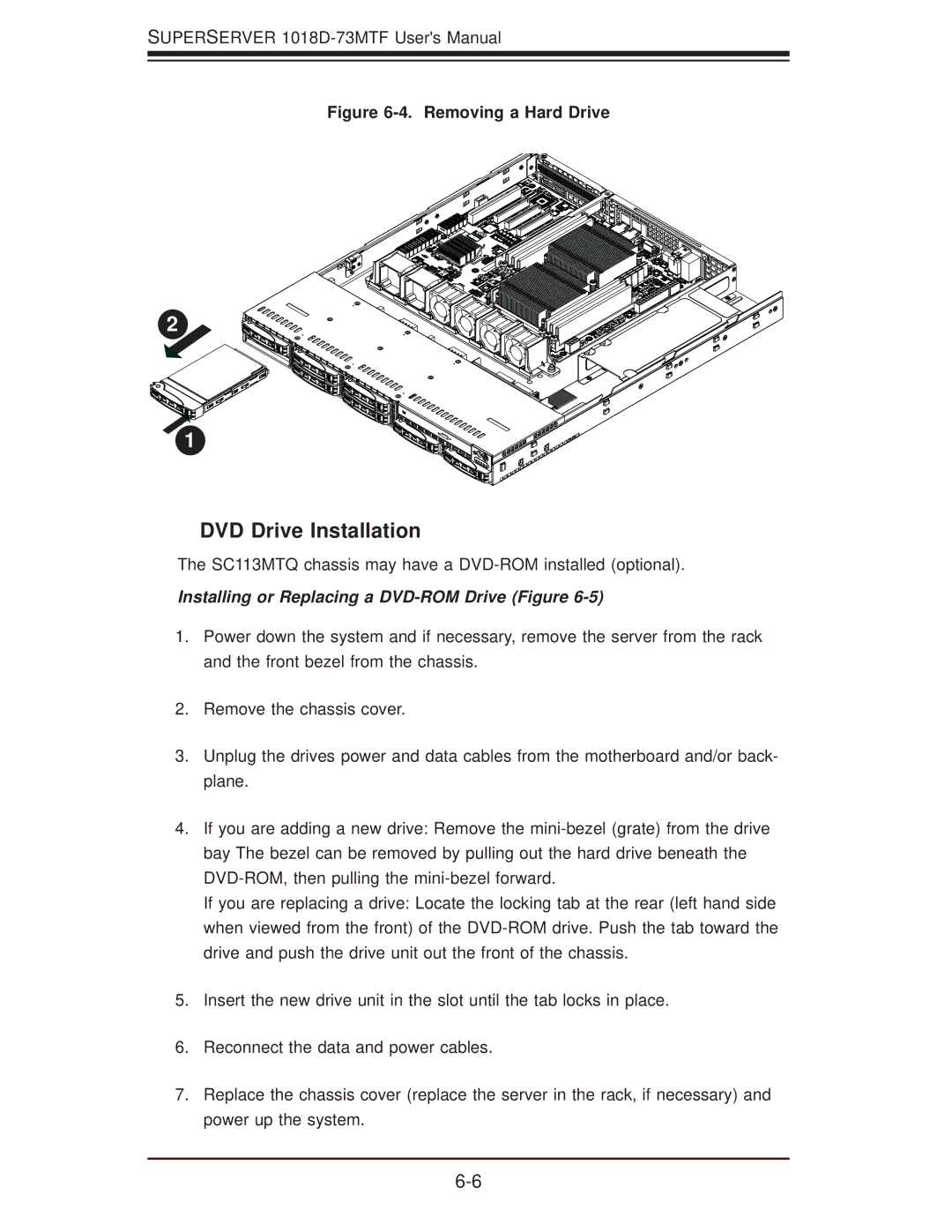 SUPER MICRO Computer 1018D-73MTF user manual DVD Drive Installation, Removing a Hard Drive 