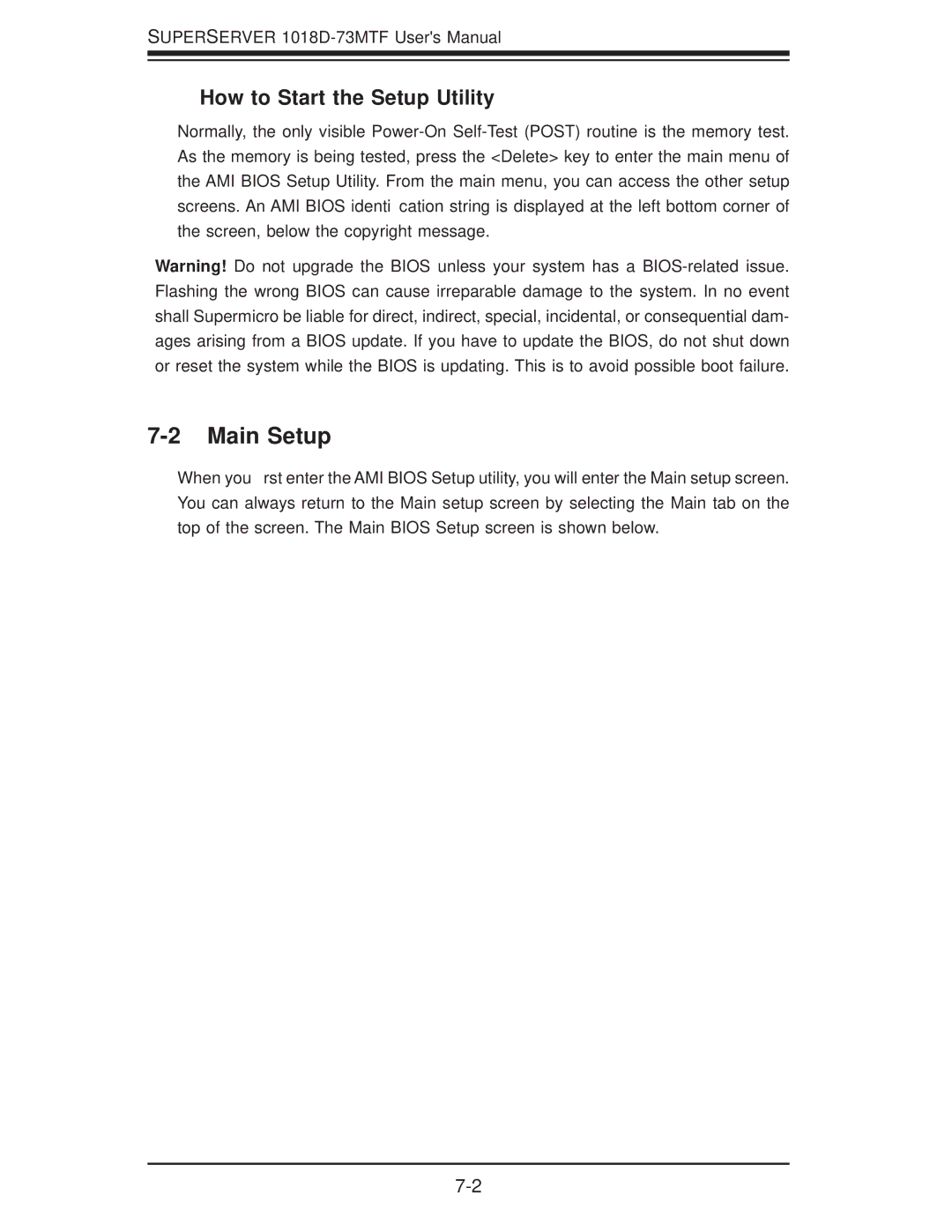 SUPER MICRO Computer 1018D-73MTF user manual Main Setup, How to Start the Setup Utility 