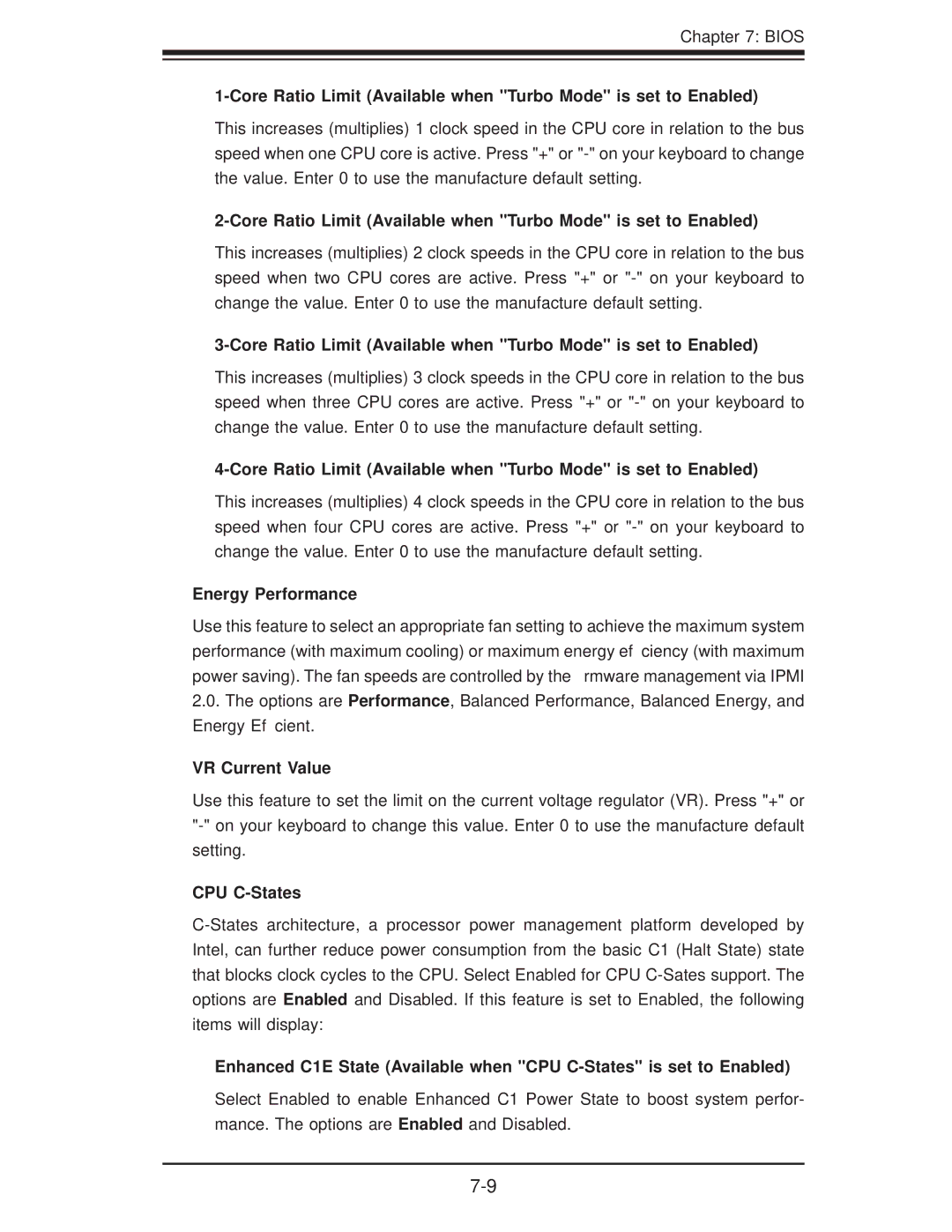 SUPER MICRO Computer 1018D-73MTF user manual Energy Performance, VR Current Value, CPU C-States 