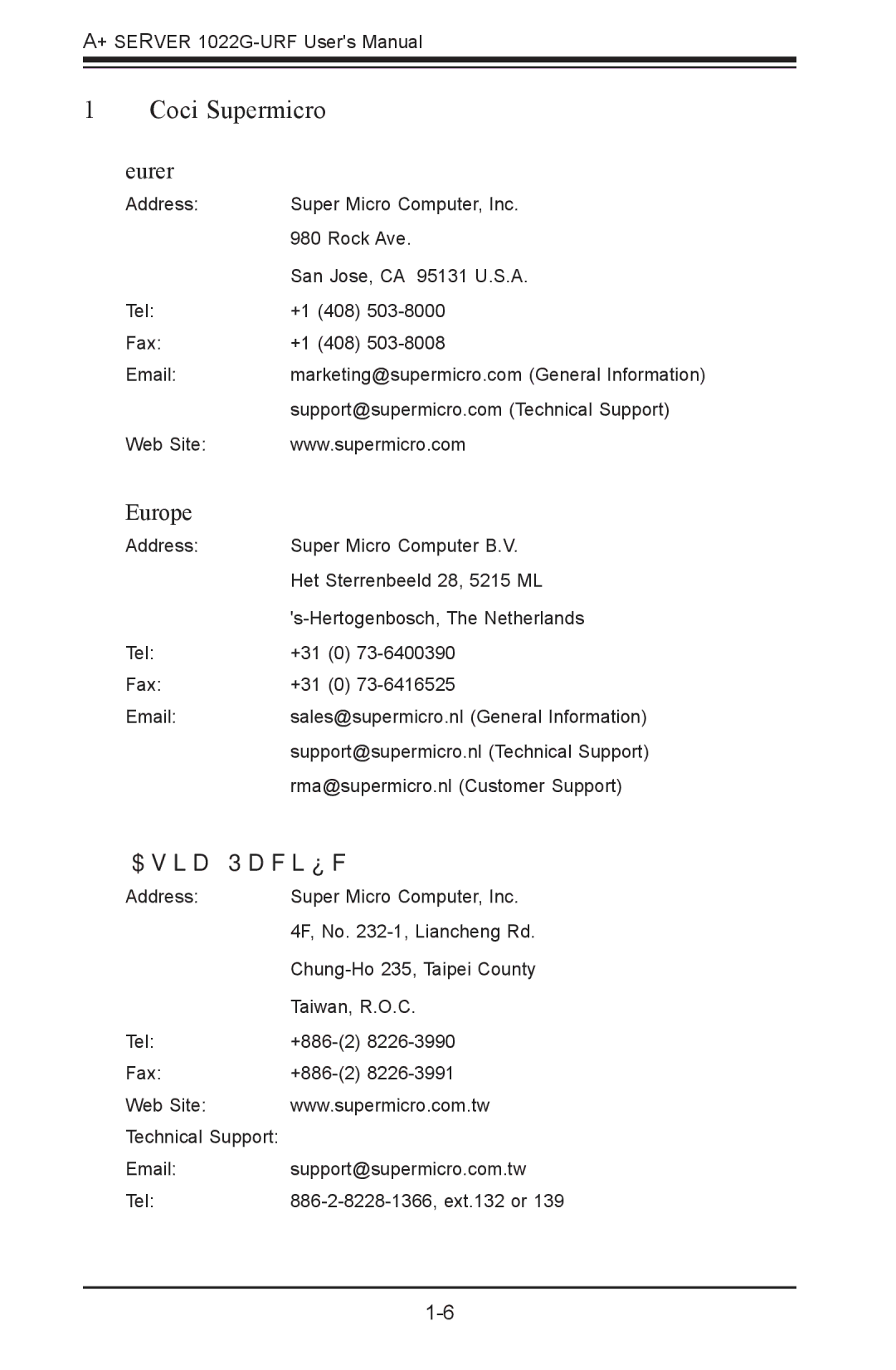 SUPER MICRO Computer 1022G-URF user manual Contacting Supermicro, Headquarters, Europe, Asia-Pacific 