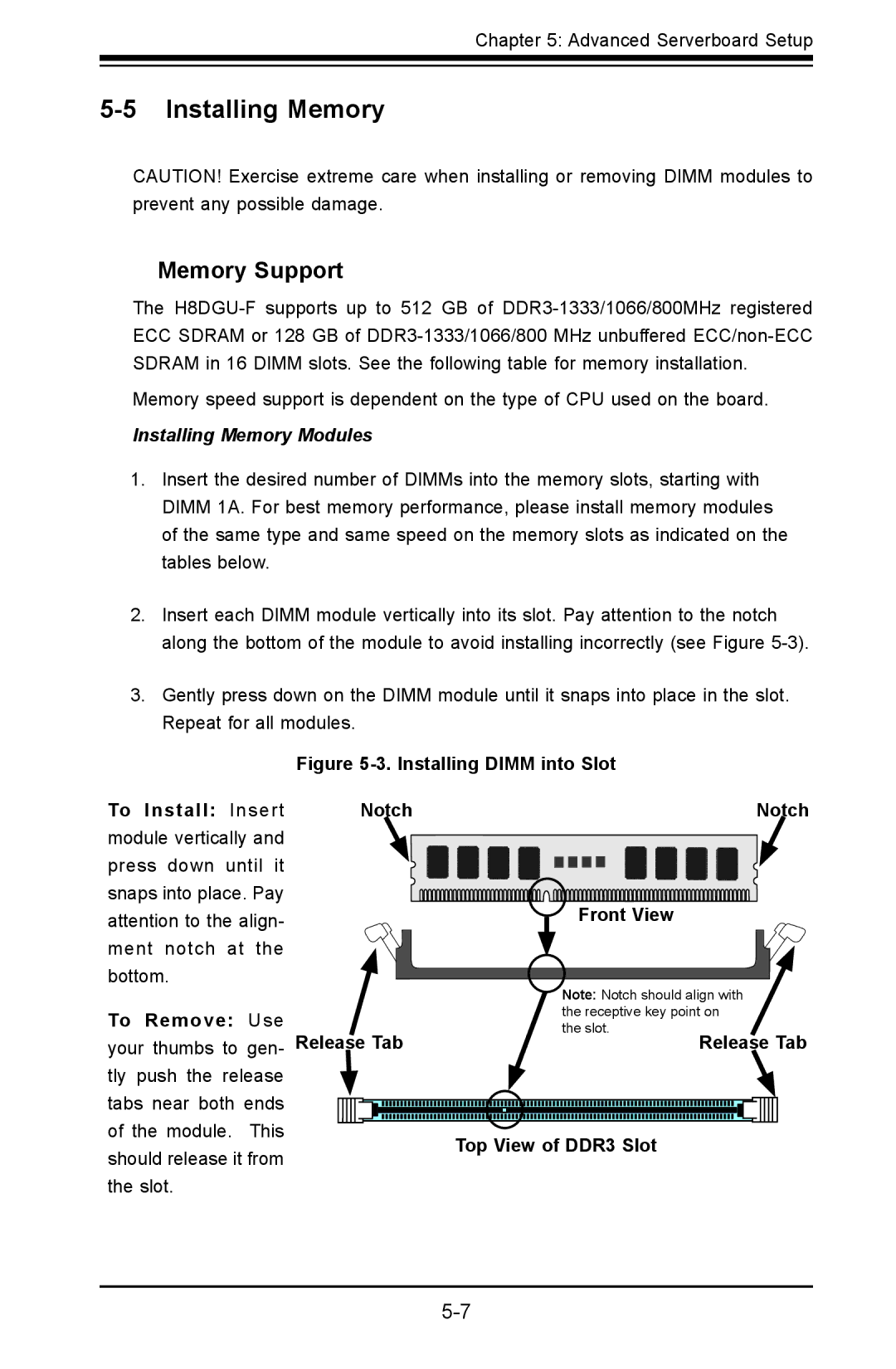 SUPER MICRO Computer 1022G-URF user manual Memory Support, Installing Memory Modules, Top View of DDR3 Slot 