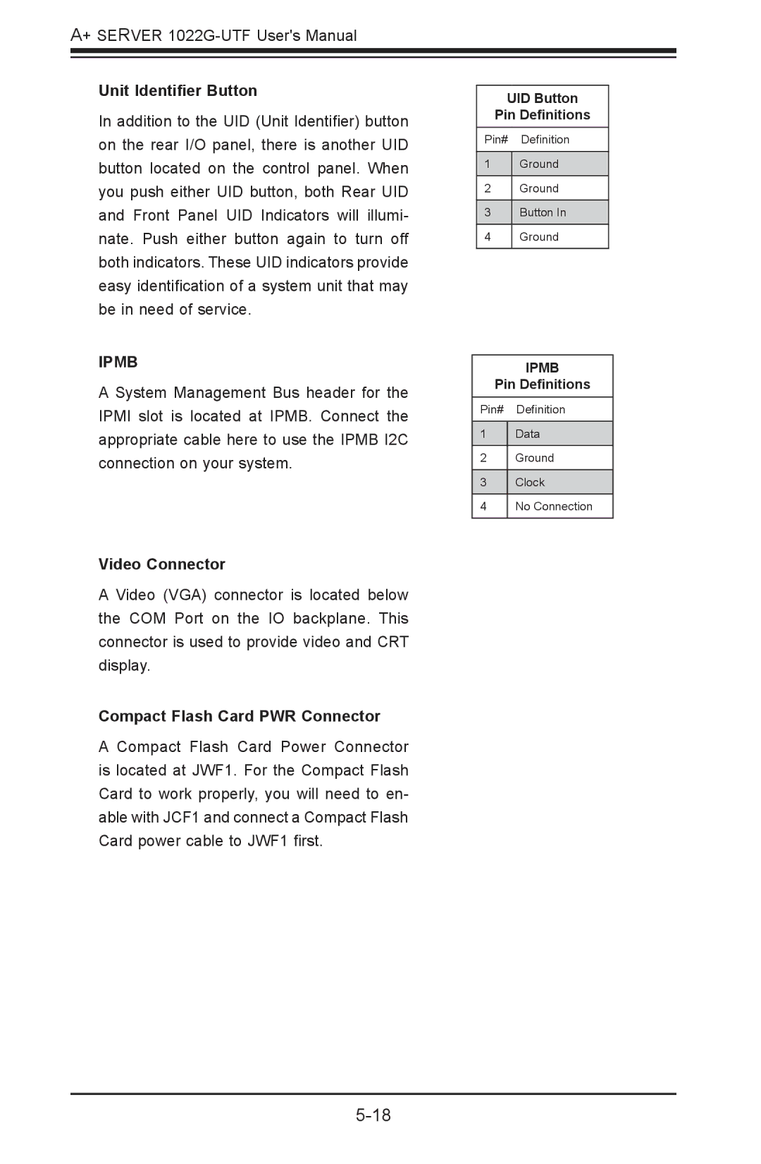 SUPER MICRO Computer 1022G-URF user manual Unit Identifier Button, Video Connector, Compact Flash Card PWR Connector 