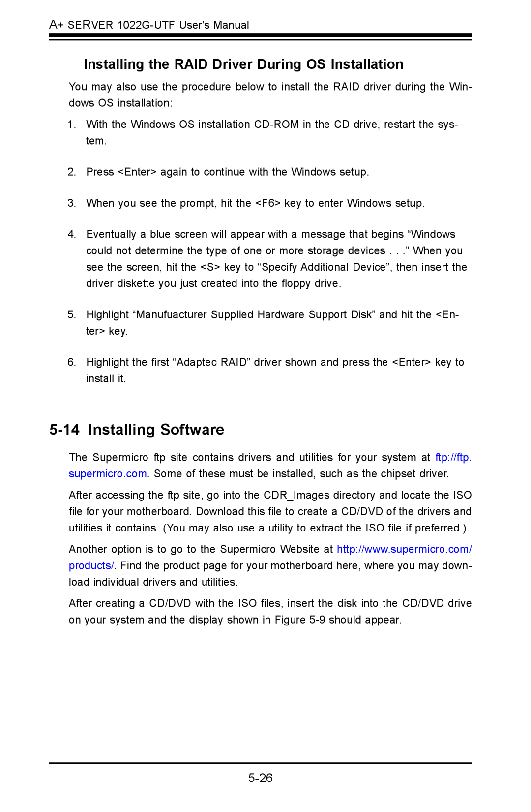 SUPER MICRO Computer 1022G-URF user manual Installing Software, Installing the RAID Driver During OS Installation 