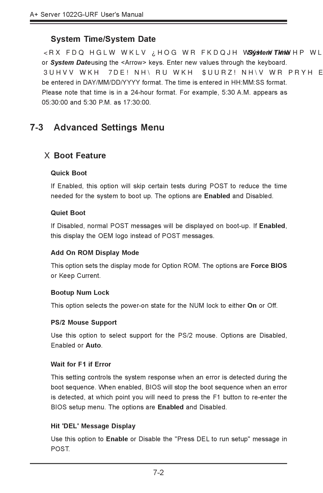 SUPER MICRO Computer 1022G-URF user manual Advanced Settings Menu, System Time/System Date,  Boot Feature 