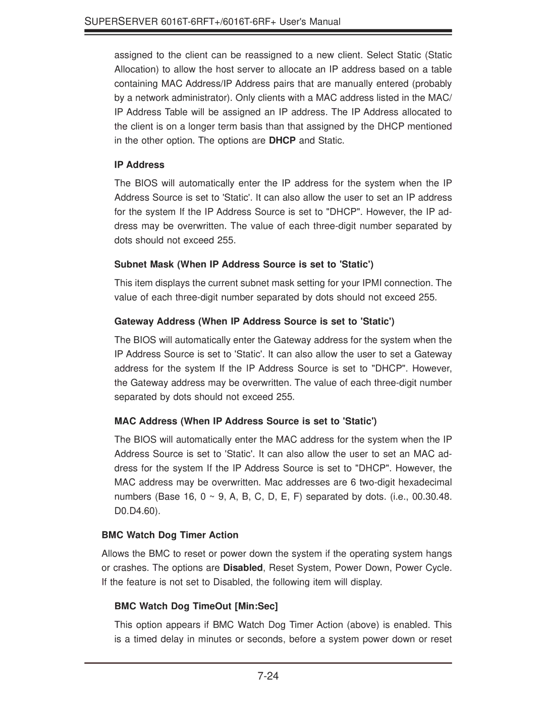 SUPER MICRO Computer 1.0a user manual Subnet Mask When IP Address Source is set to Static, BMC Watch Dog Timer Action 