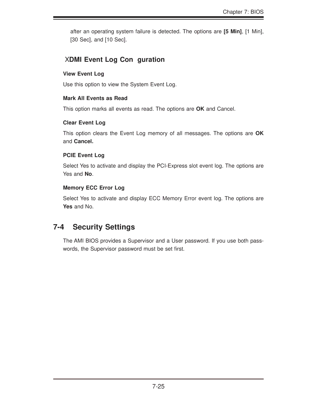 SUPER MICRO Computer 1.0a user manual Security Settings, DMI Event Log Conﬁguration 