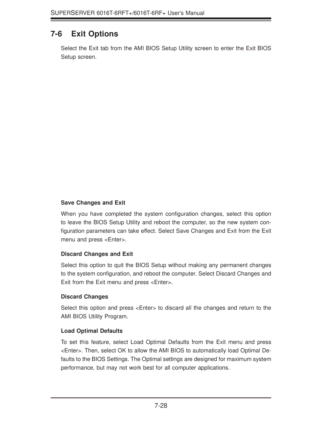 SUPER MICRO Computer 1.0a user manual Exit Options, Save Changes and Exit, Discard Changes and Exit, Load Optimal Defaults 
