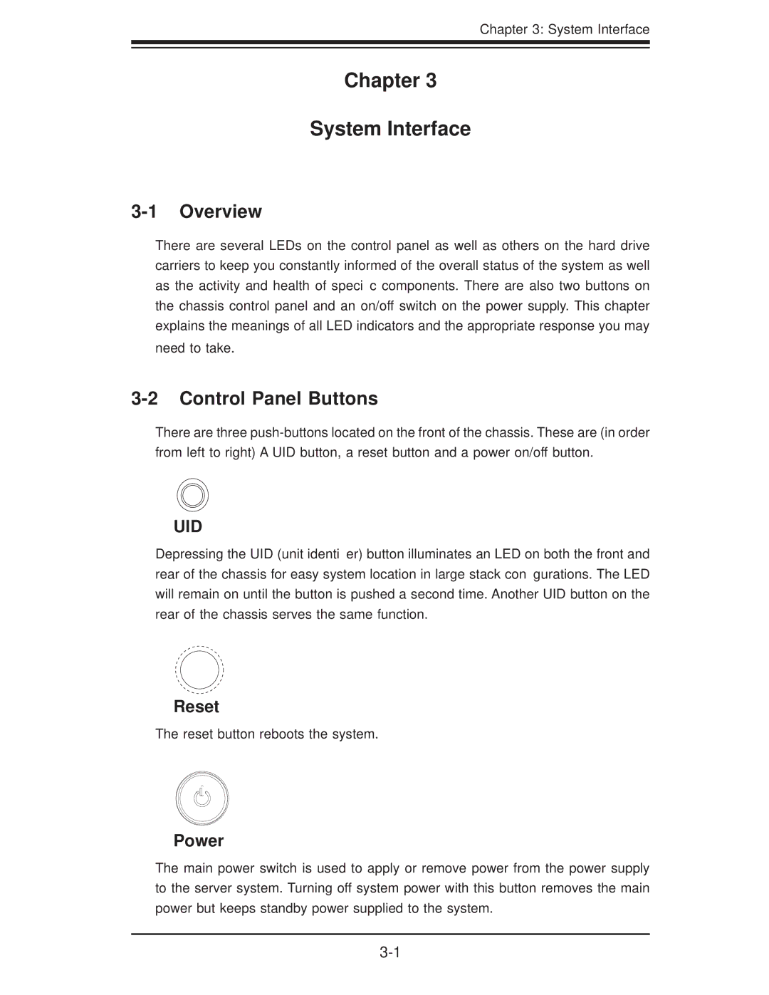 SUPER MICRO Computer 1.0a user manual Control Panel Buttons, Reset, Power 