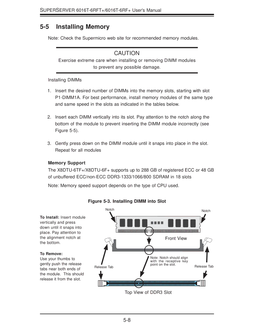 SUPER MICRO Computer 1.0a user manual Installing Memory, Installing DIMMs, Memory Support 