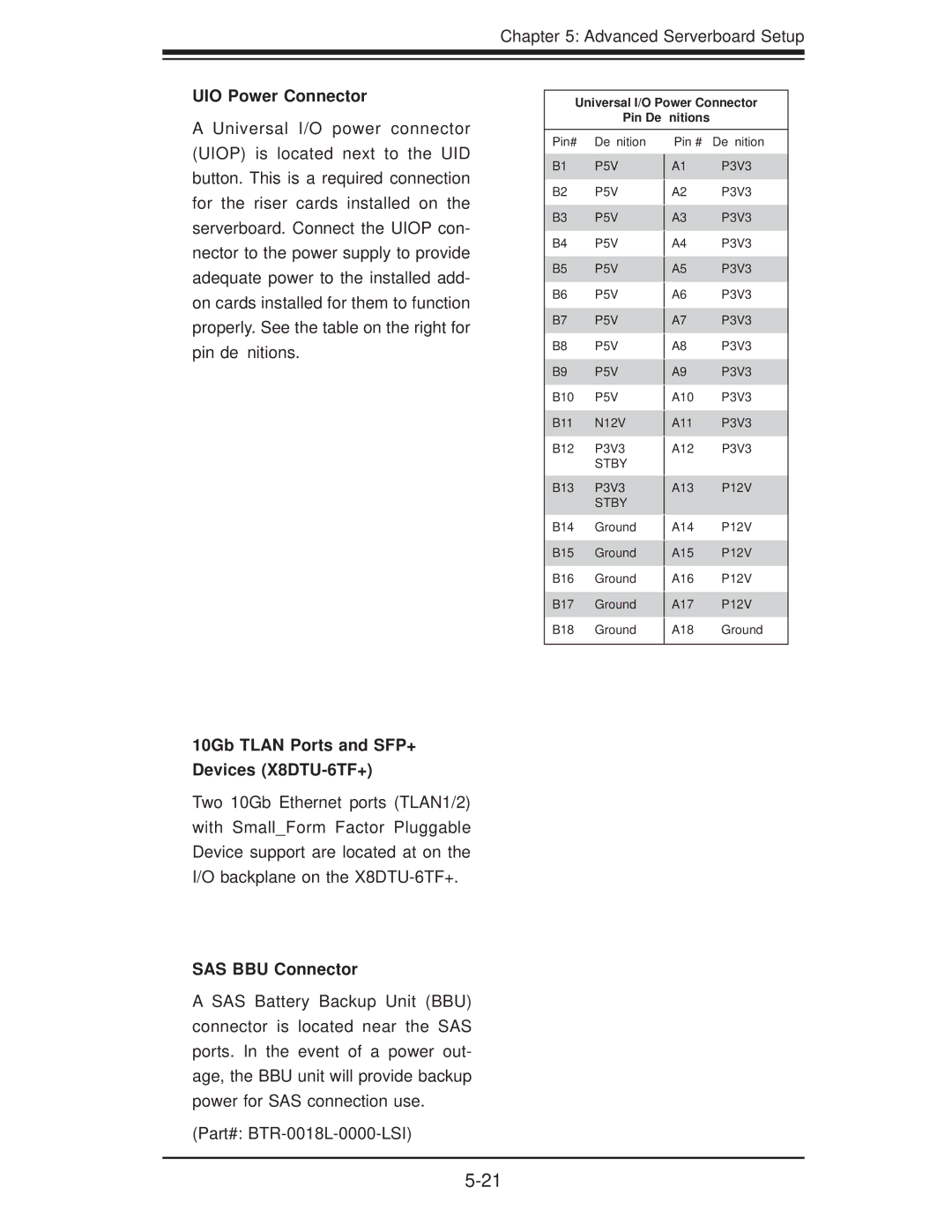 SUPER MICRO Computer 1.0a user manual UIO Power Connector, 10Gb Tlan Ports and SFP+ Devices X8DTU-6TF+, SAS BBU Connector 