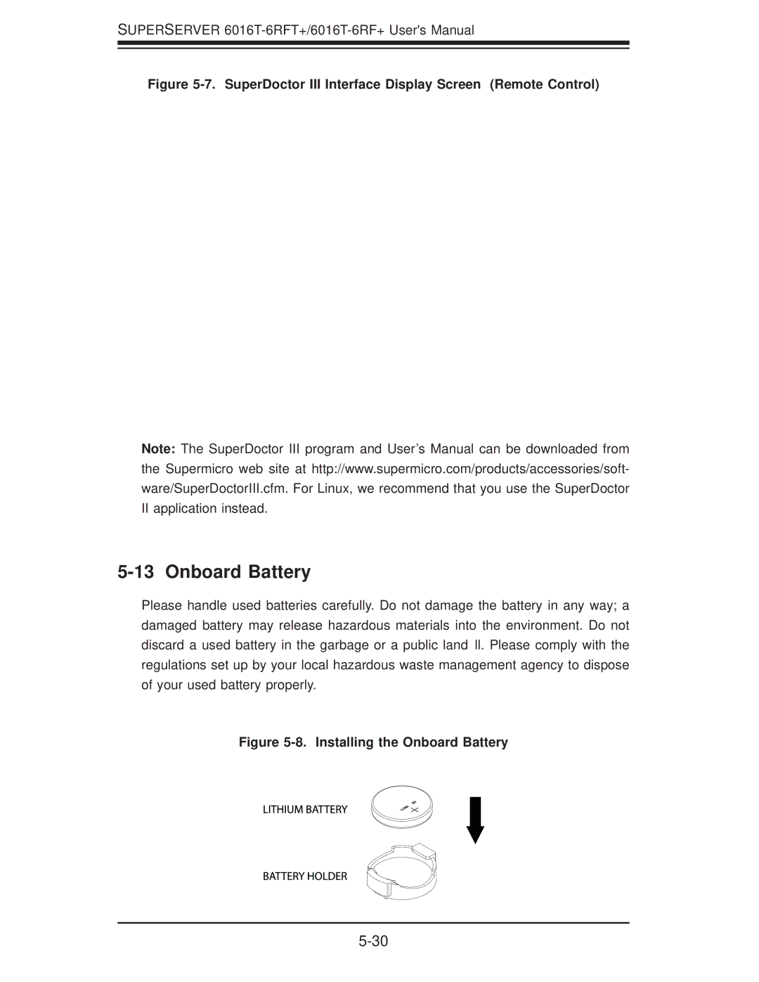 SUPER MICRO Computer 1.0a user manual Onboard Battery, SuperDoctor III Interface Display Screen Remote Control 