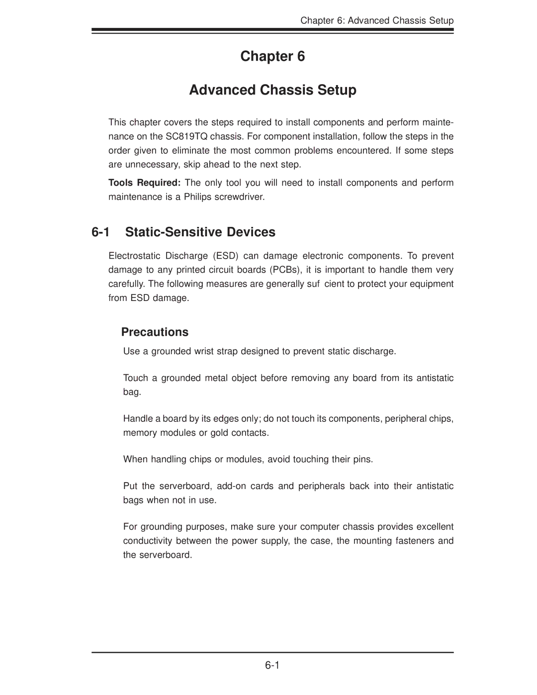 SUPER MICRO Computer 1.0a user manual Chapter Advanced Chassis Setup, Static-Sensitive Devices 