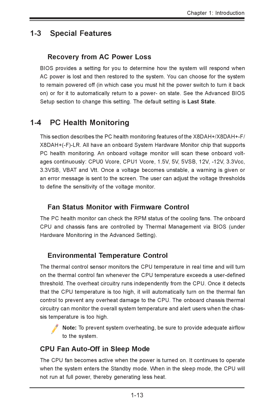 SUPER MICRO Computer 1.2b user manual Special Features, PC Health Monitoring 