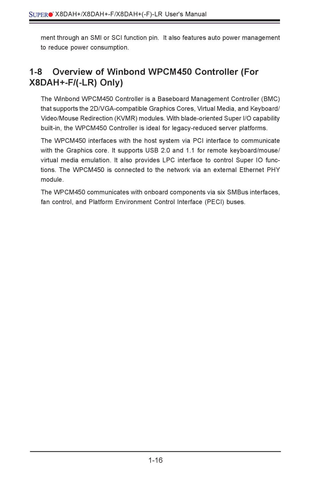 SUPER MICRO Computer 1.2b user manual Overview of Winbond WPCM450 Controller For X8DAH+-F/-LR Only 