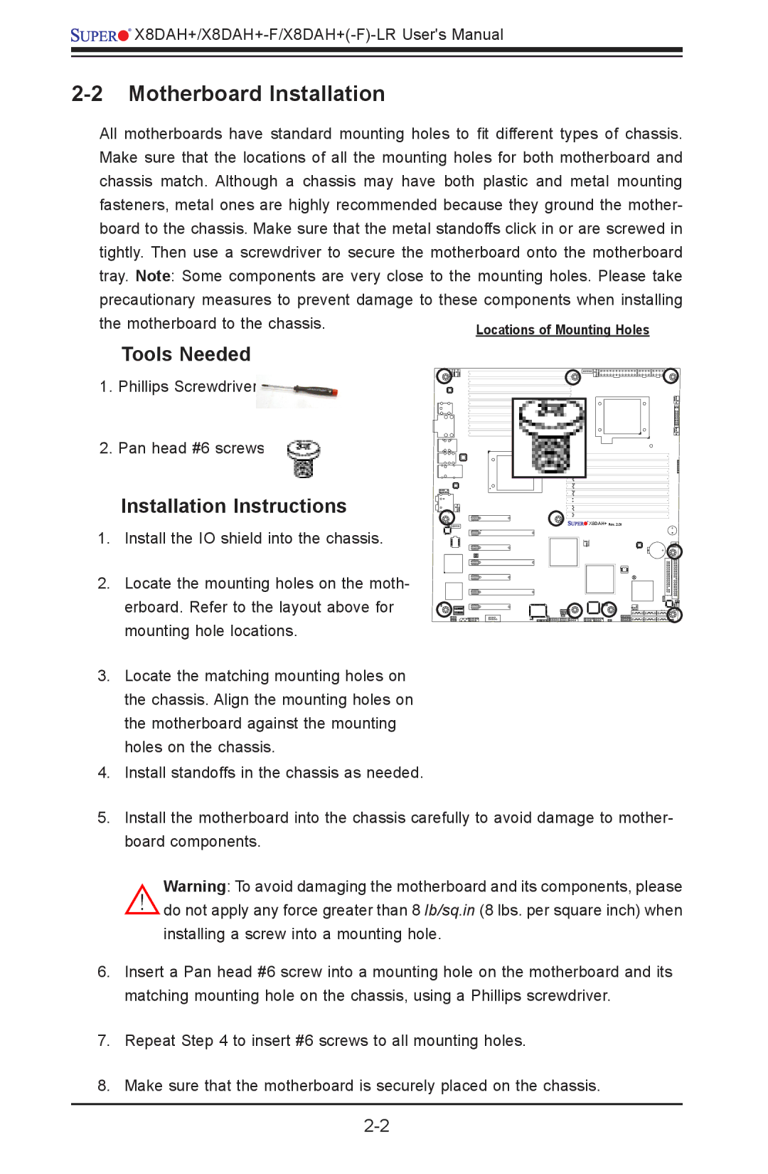 SUPER MICRO Computer 1.2b user manual Motherboard Installation, Tools Needed, Installation Instructions 