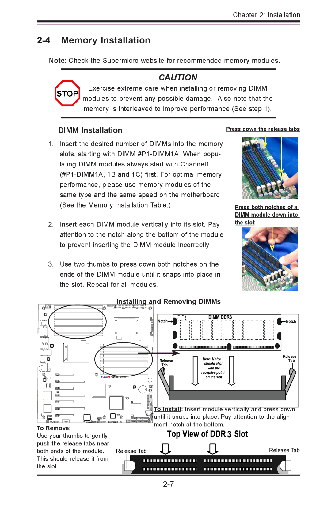 SUPER MICRO Computer 1.2b user manual Memory Installation, Dimm Installation, Installing and Removing DIMMs 