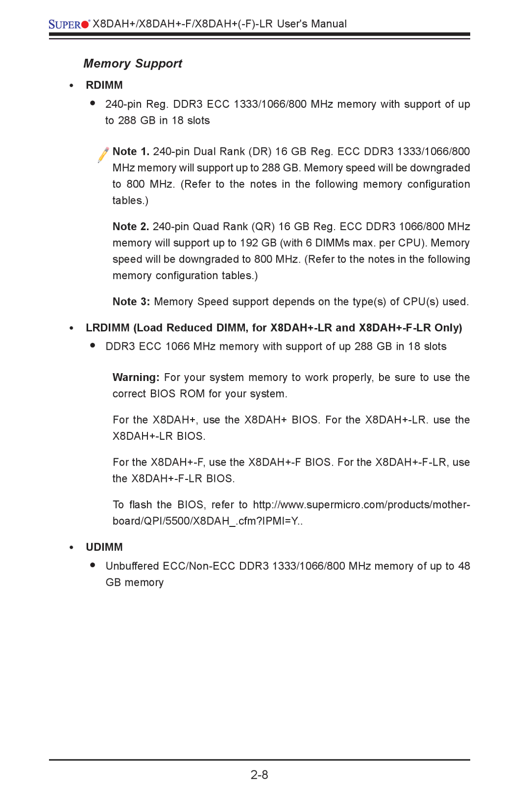 SUPER MICRO Computer 1.2b user manual Memory Support 